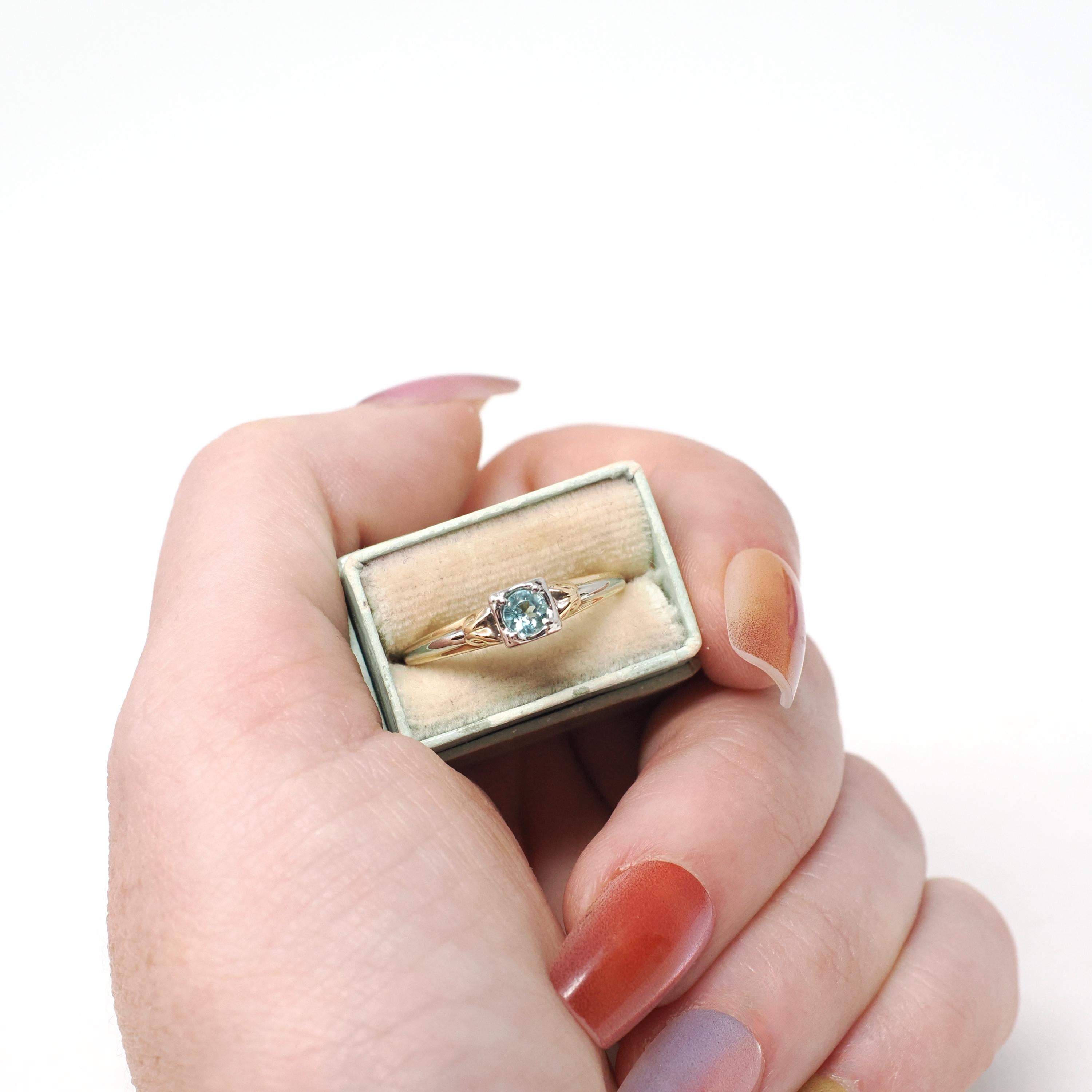 Vintage Paraiba Tourmaline Ring - Mid Century 14k Yellow & 18k White Gold Two Tone Engagement Solitaire - Circa 1940s Era Size 6 1/4 Jewelry