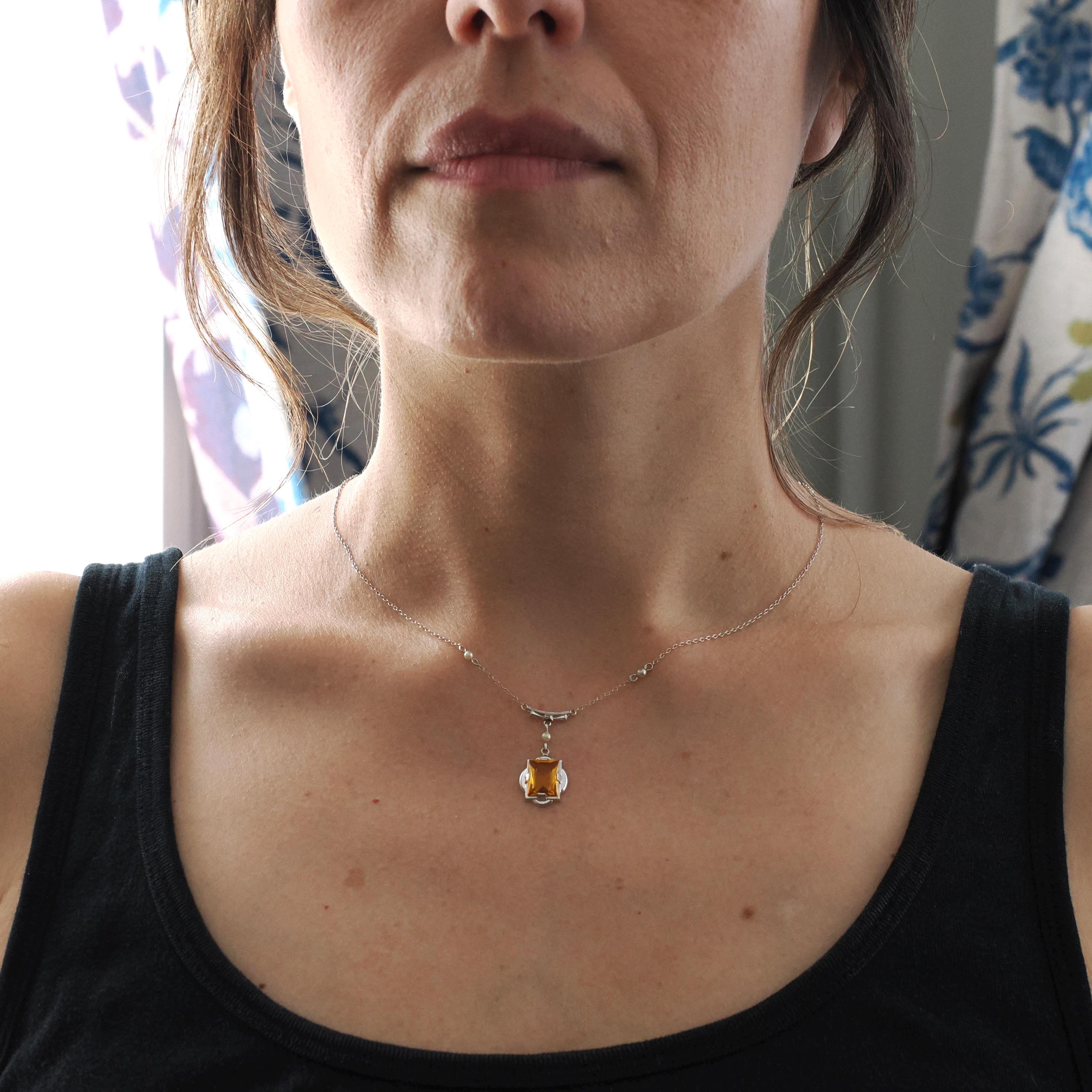 Art Deco Lavalier Necklace - Vintage 10k White Gold Simulated Yellow Sapphire Pearl Pendant Charm - Circa 1930s Era Glass Gems Fine Jewelry