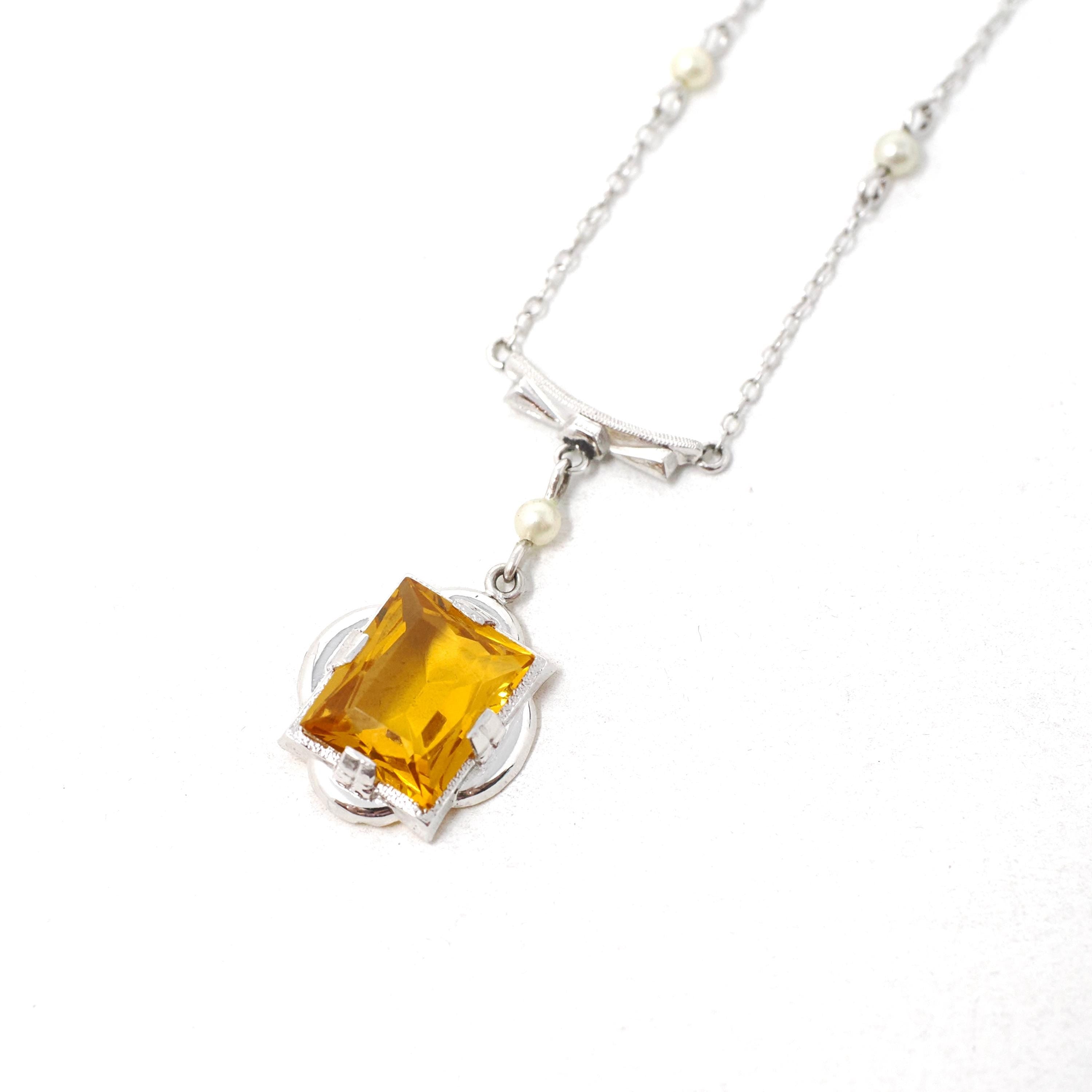 Art Deco Lavalier Necklace - Vintage 10k White Gold Simulated Yellow Sapphire Pearl Pendant Charm - Circa 1930s Era Glass Gems Fine Jewelry