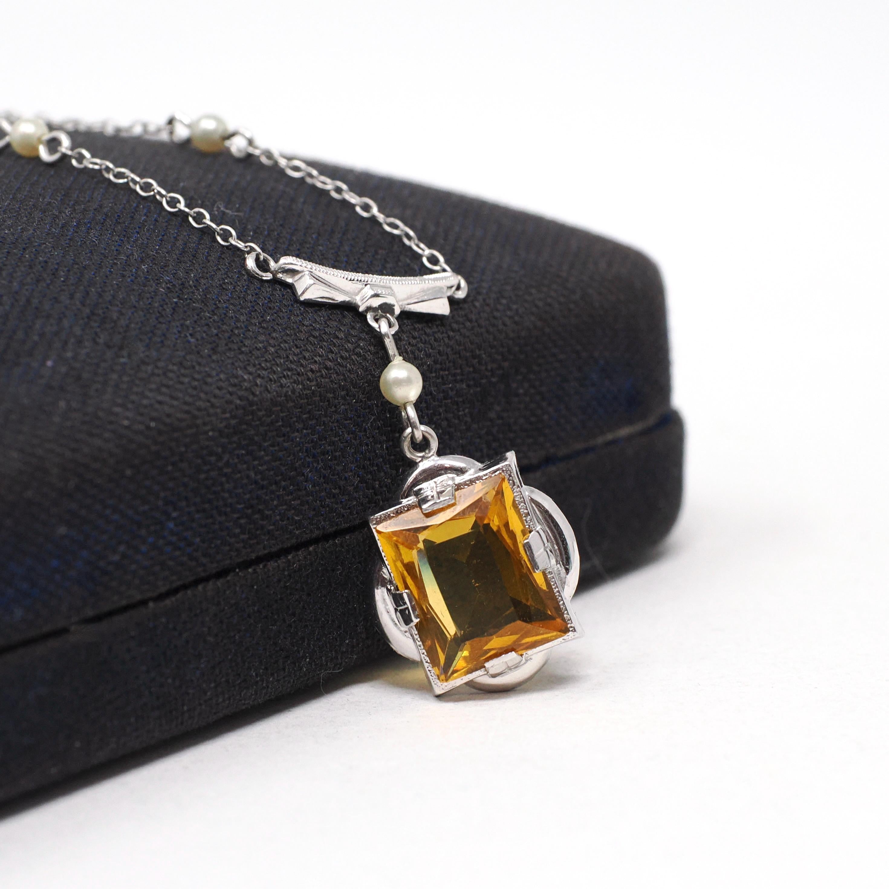 Art Deco Lavalier Necklace - Vintage 10k White Gold Simulated Yellow Sapphire Pearl Pendant Charm - Circa 1930s Era Glass Gems Fine Jewelry