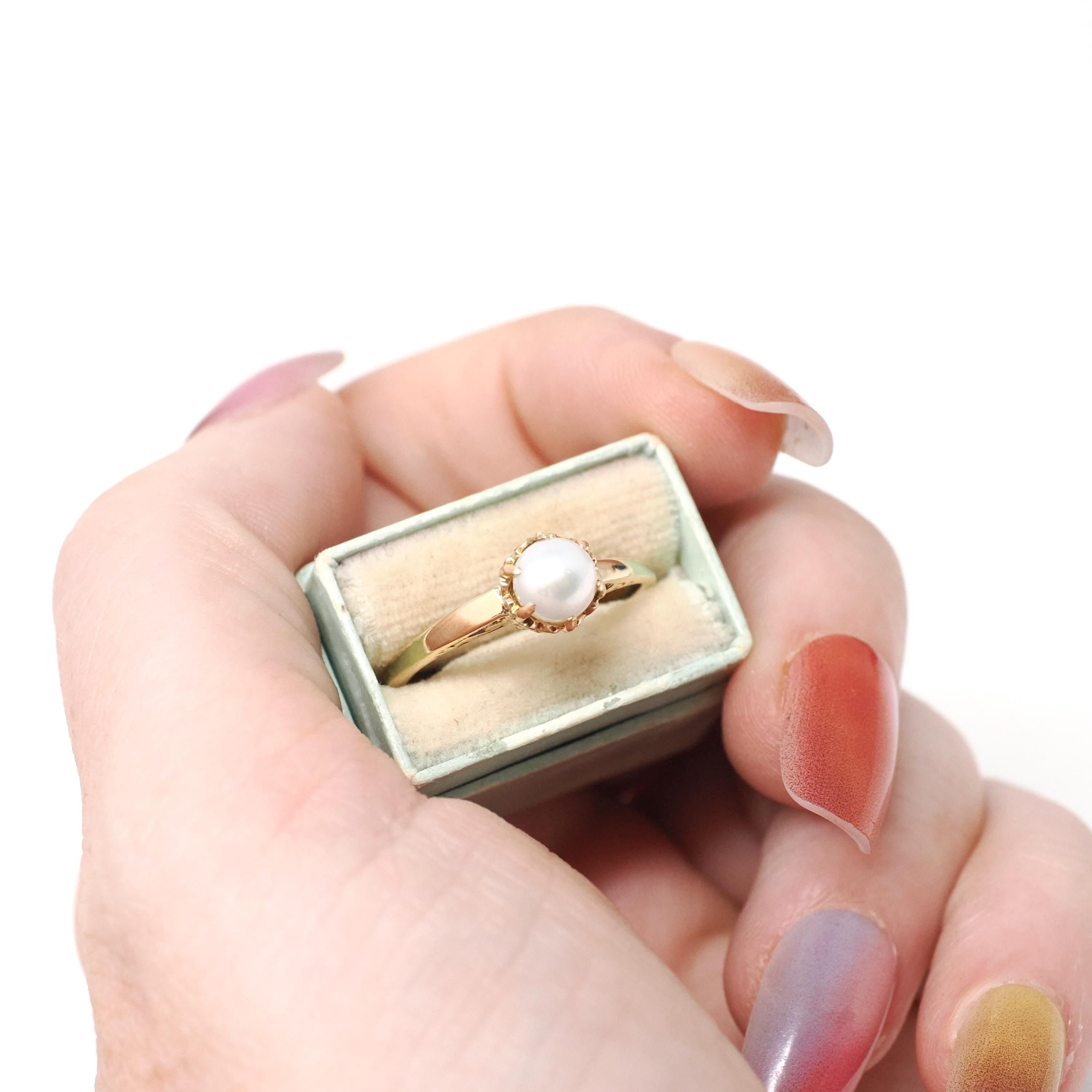 Antique Cultured Pearl Ring - Edwardian Era 10k Yellow Gold Solitaire Basket Prong Setting - Vintage Circa 1910s Era Size 6 3/4 Fine Jewelry