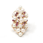 Pearl & Ruby Cluster Ring - Retro Era 14k Yellow Gold Organic Cultured And Red Corundum Gems - Circa 1970s Era Size 6 Statement Fine Jewelry