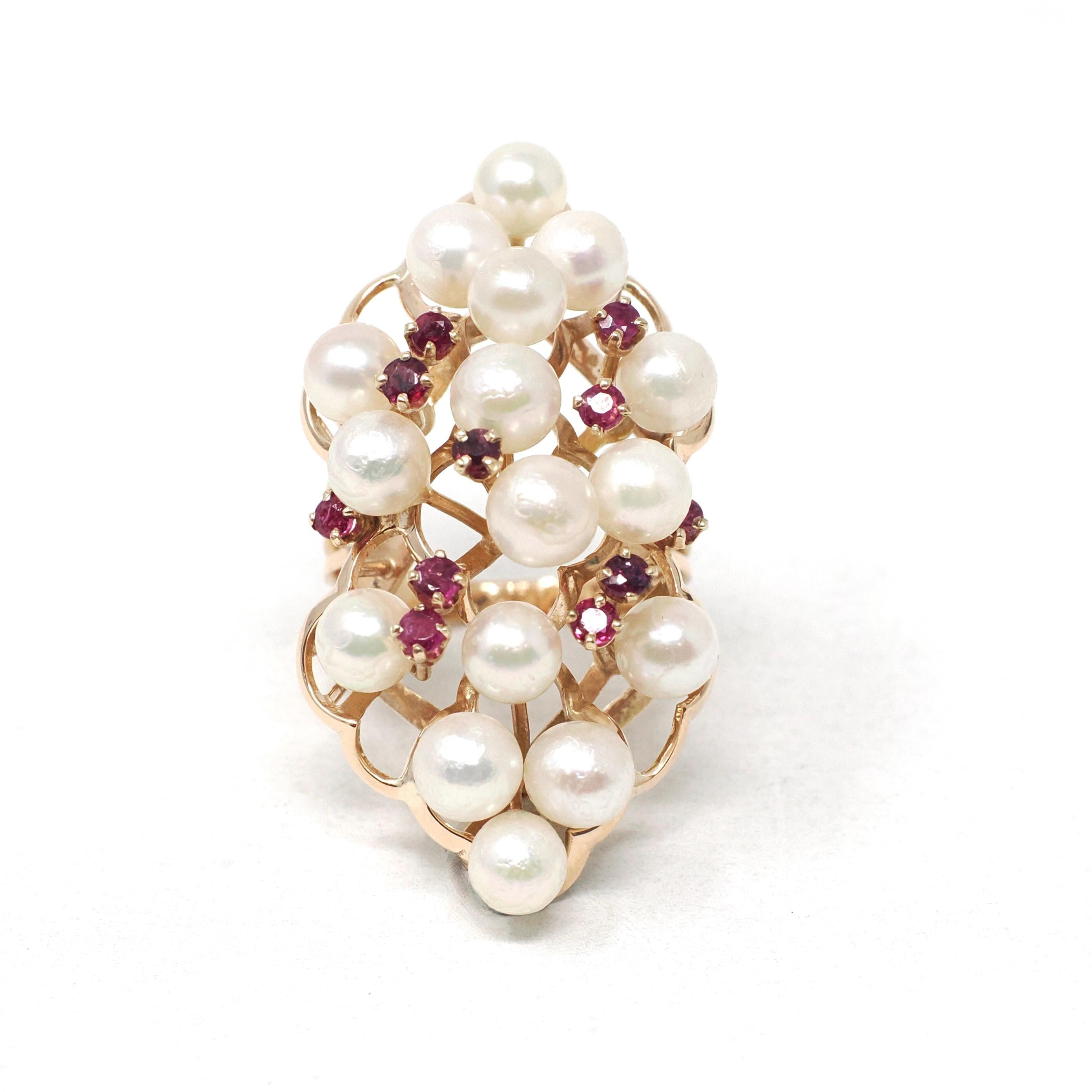 Pearl & Ruby Cluster Ring - Retro Era 14k Yellow Gold Organic Cultured And Red Corundum Gems - Circa 1970s Era Size 6 Statement Fine Jewelry