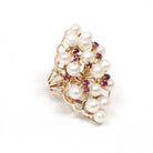 Pearl & Ruby Cluster Ring - Retro Era 14k Yellow Gold Organic Cultured And Red Corundum Gems - Circa 1970s Era Size 6 Statement Fine Jewelry