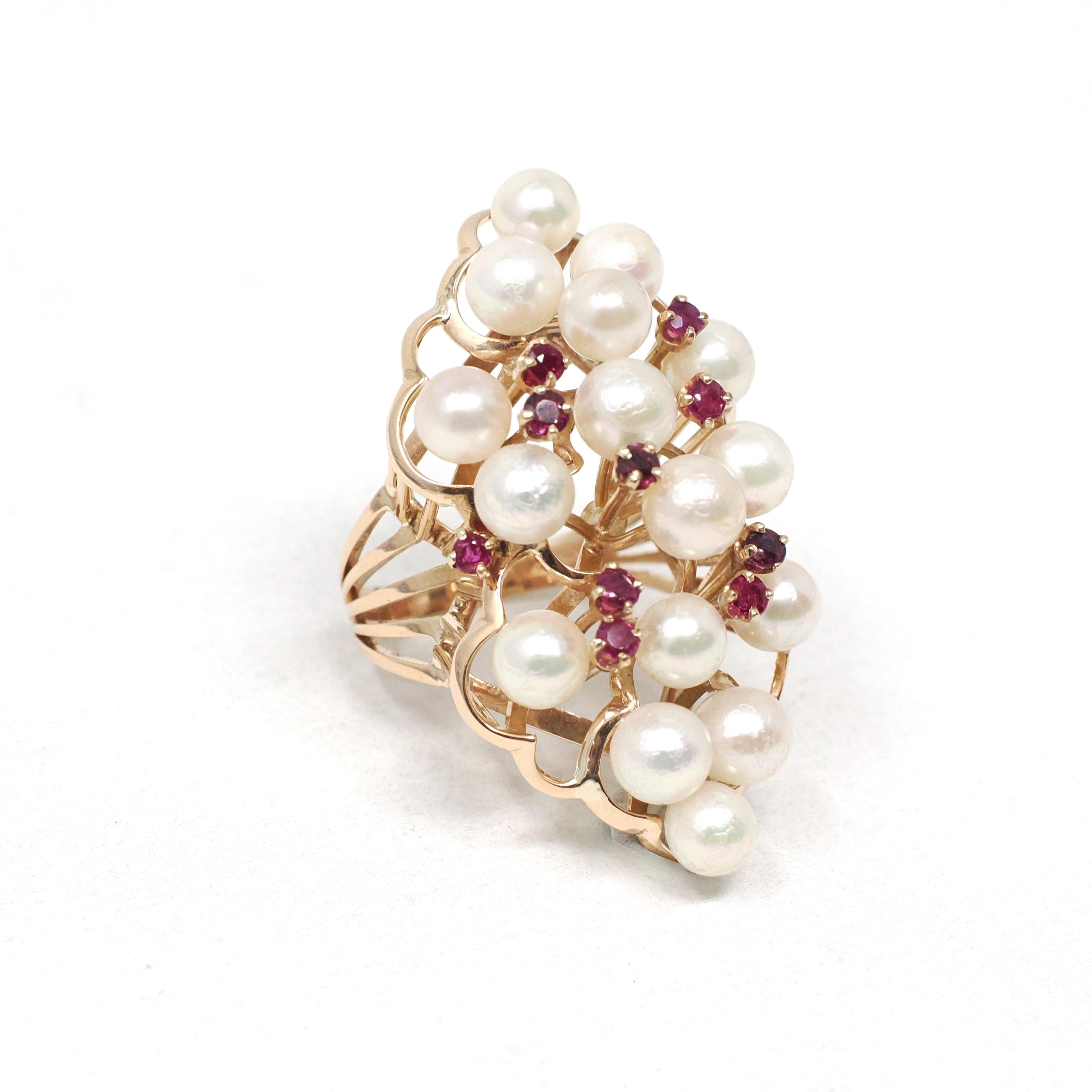Pearl & Ruby Cluster Ring - Retro Era 14k Yellow Gold Organic Cultured And Red Corundum Gems - Circa 1970s Era Size 6 Statement Fine Jewelry