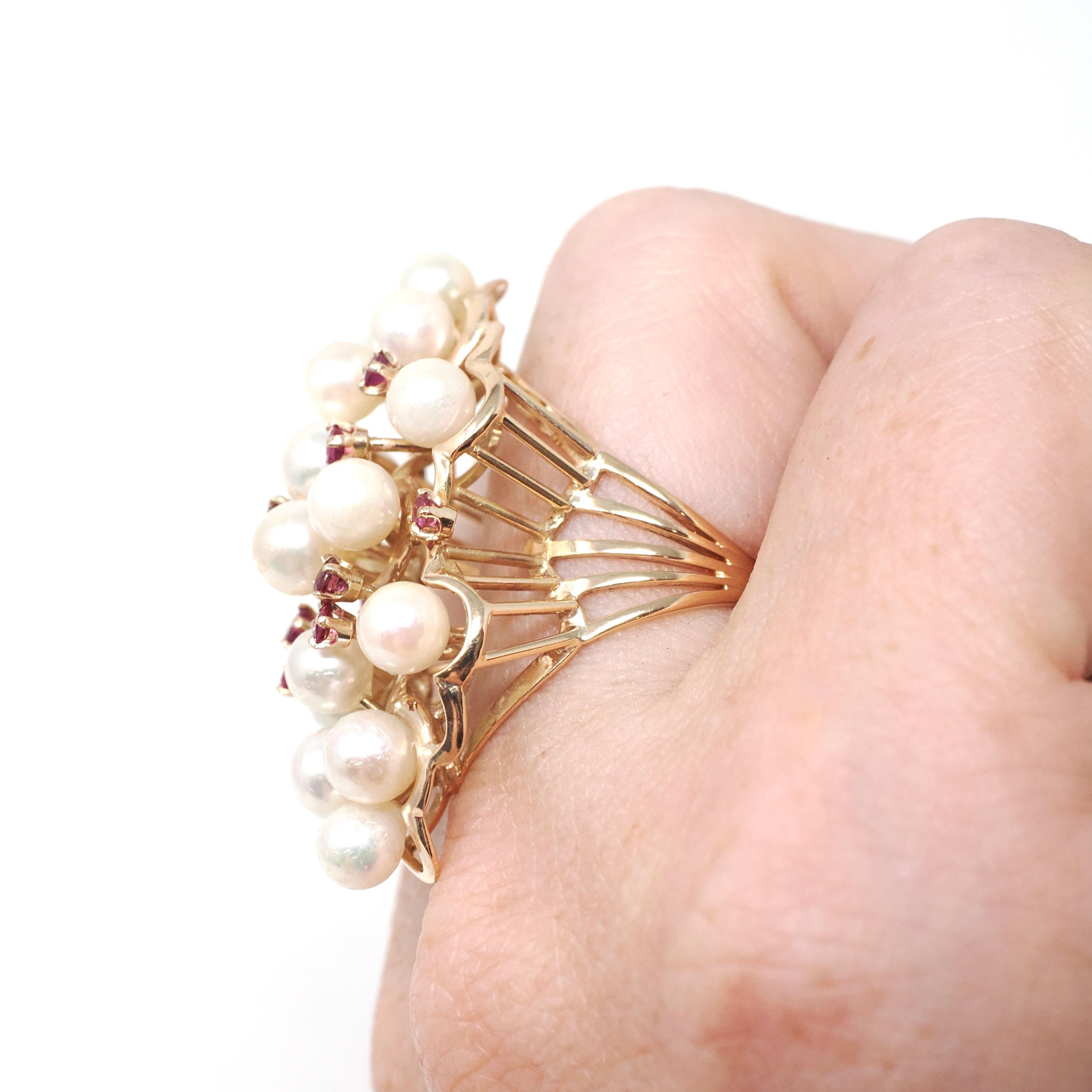 Pearl & Ruby Cluster Ring - Retro Era 14k Yellow Gold Organic Cultured And Red Corundum Gems - Circa 1970s Era Size 6 Statement Fine Jewelry