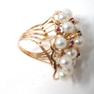 Pearl & Ruby Cluster Ring - Retro Era 14k Yellow Gold Organic Cultured And Red Corundum Gems - Circa 1970s Era Size 6 Statement Fine Jewelry