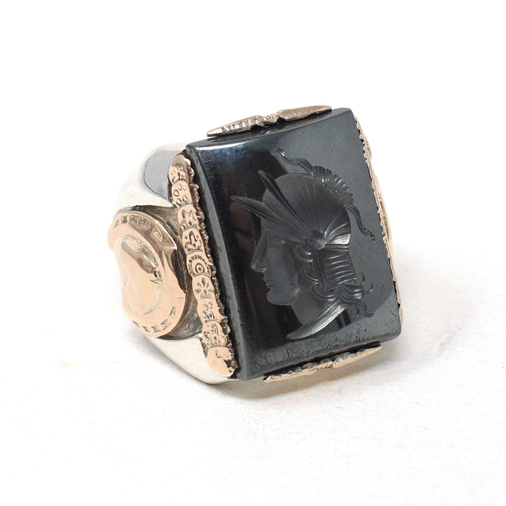 Vintage Warrior Ring - Mid Century Sterling Silver Gold Filled Hematite Horseshoe Equestrian Men's Unisex - Vintage 1960 Size 8 Fine Jewelry