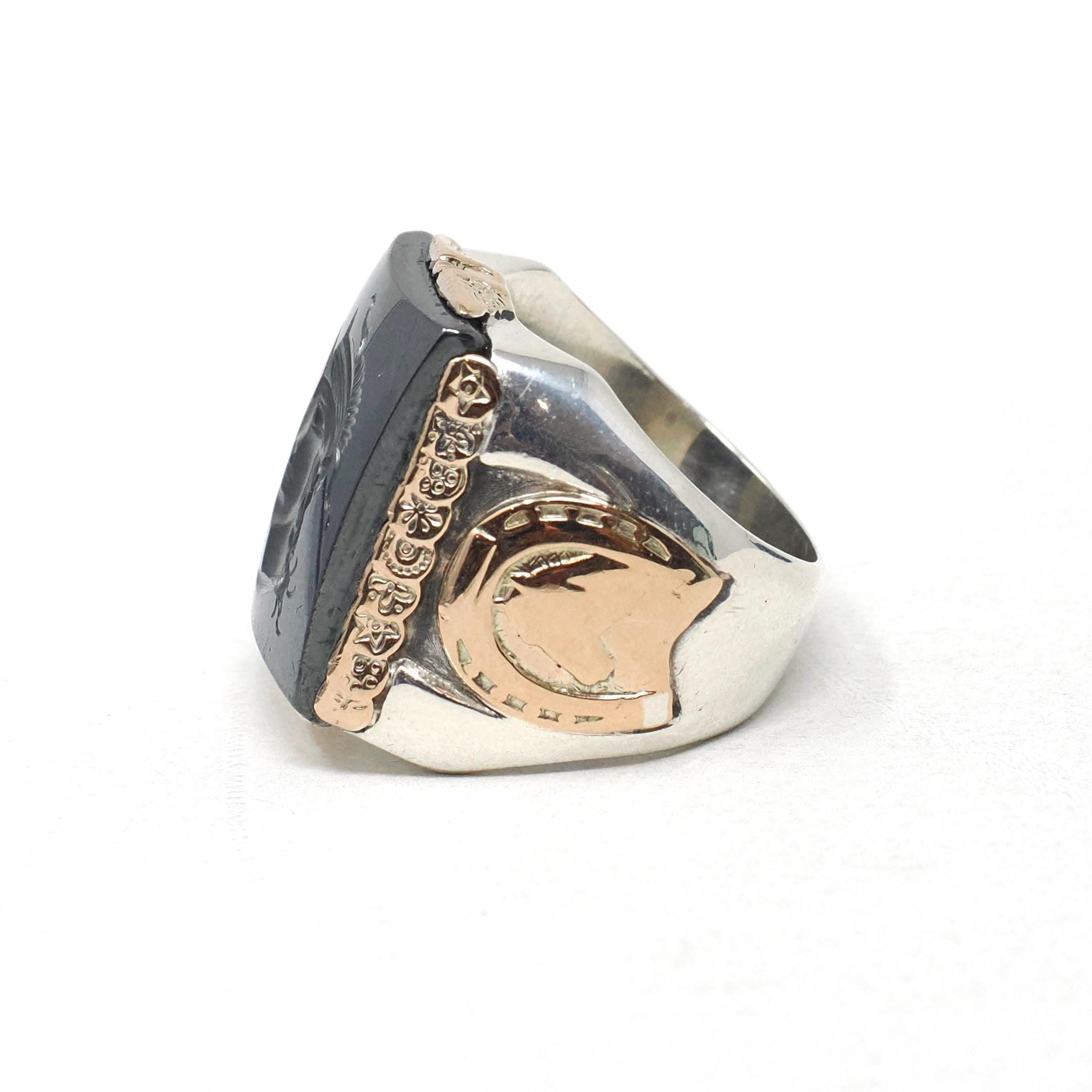 Vintage Warrior Ring - Mid Century Sterling Silver Gold Filled Hematite Horseshoe Equestrian Men's Unisex - Vintage 1960 Size 8 Fine Jewelry