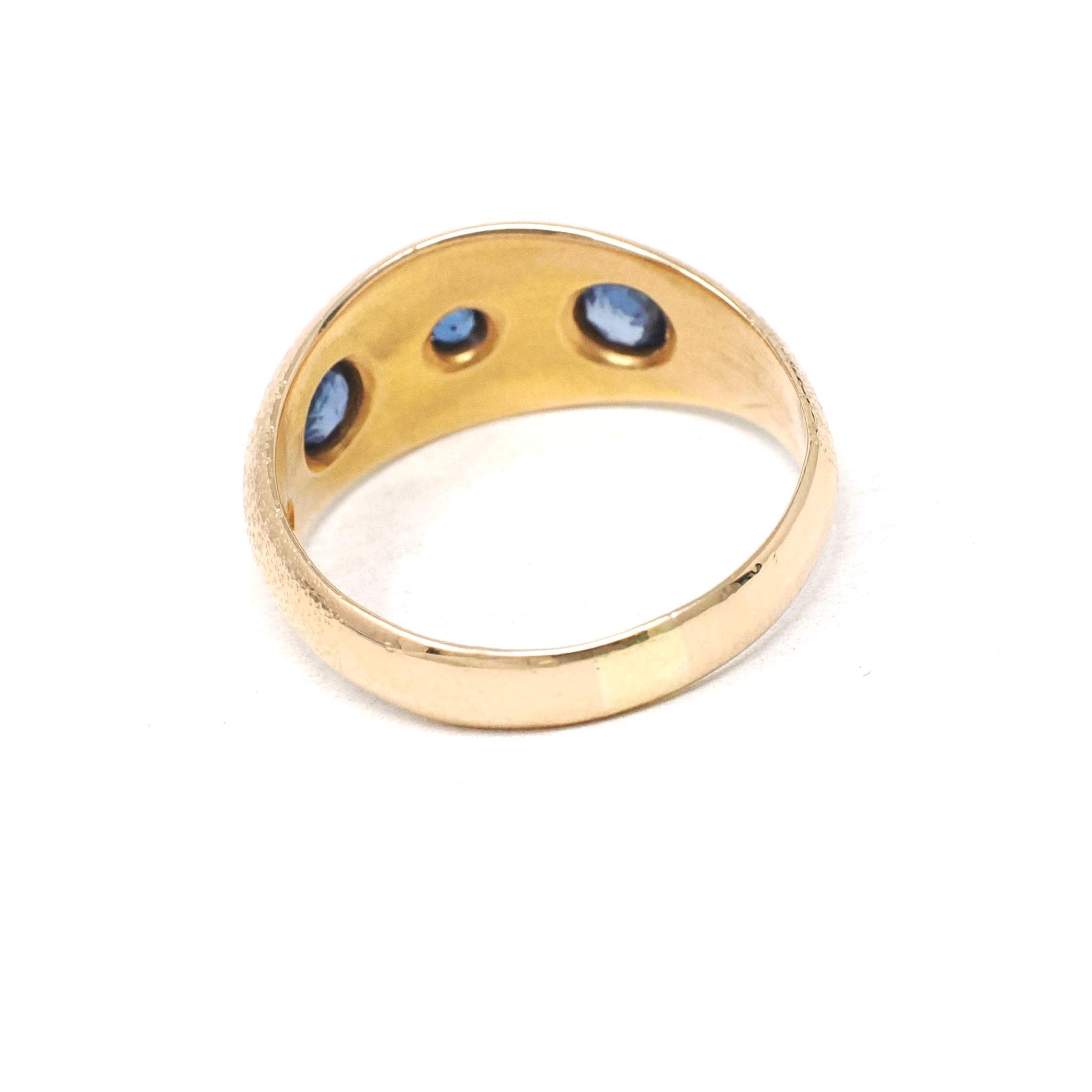 Antique Three Stone Band - Edwardian Era 18k Yellow Gold Natural Blue Sapphire Corundum - Hallmarked 1909 Size 6 1/4 Fine Celestial Jewelry