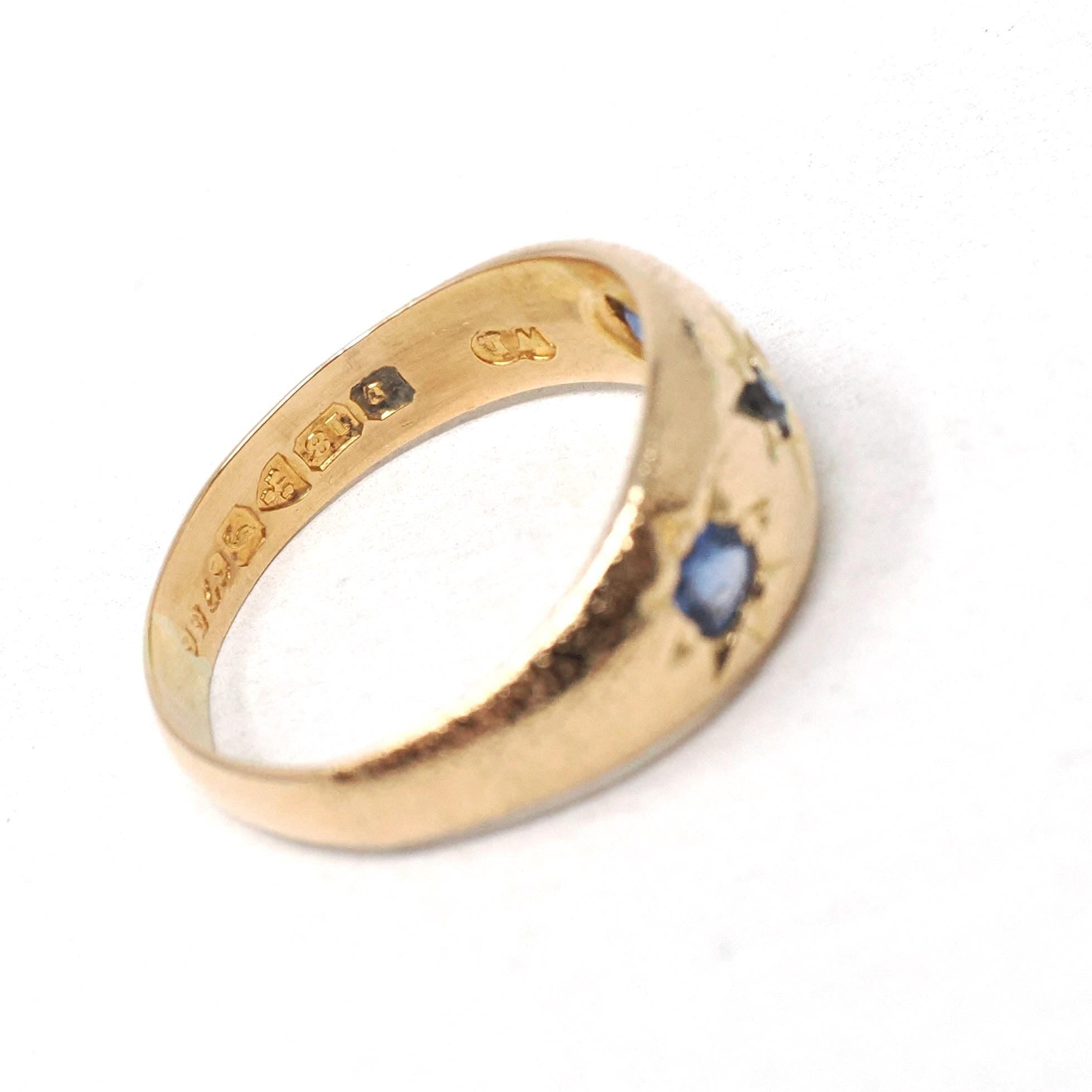 Antique Three Stone Band - Edwardian Era 18k Yellow Gold Natural Blue Sapphire Corundum - Hallmarked 1909 Size 6 1/4 Fine Celestial Jewelry