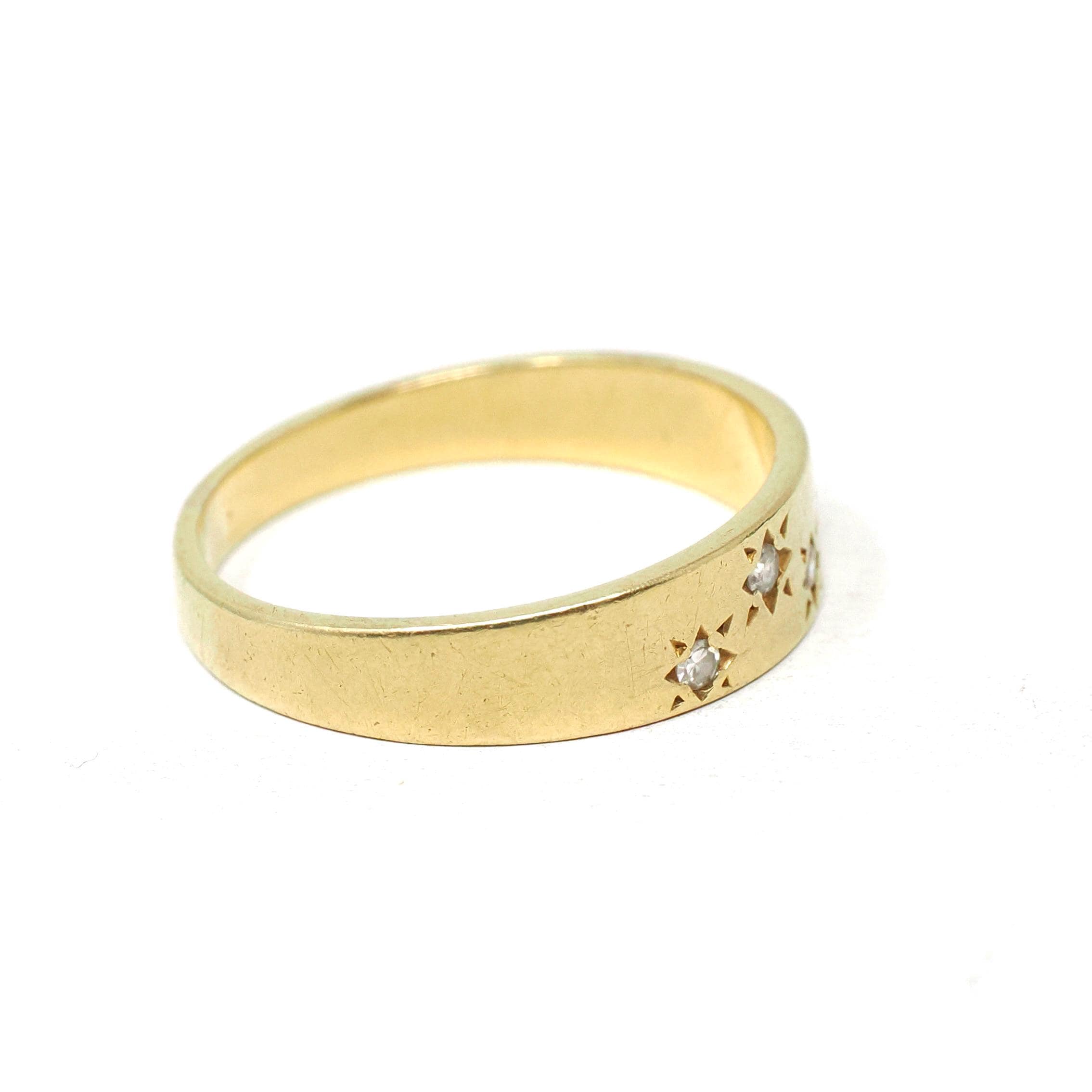 Star Incised Band - Modern 18k Yellow Gold .08 CTW Natural Diamond Ring - Estate Contemporary Celestial Size 7 1/4 Fine Bridal Jewelry