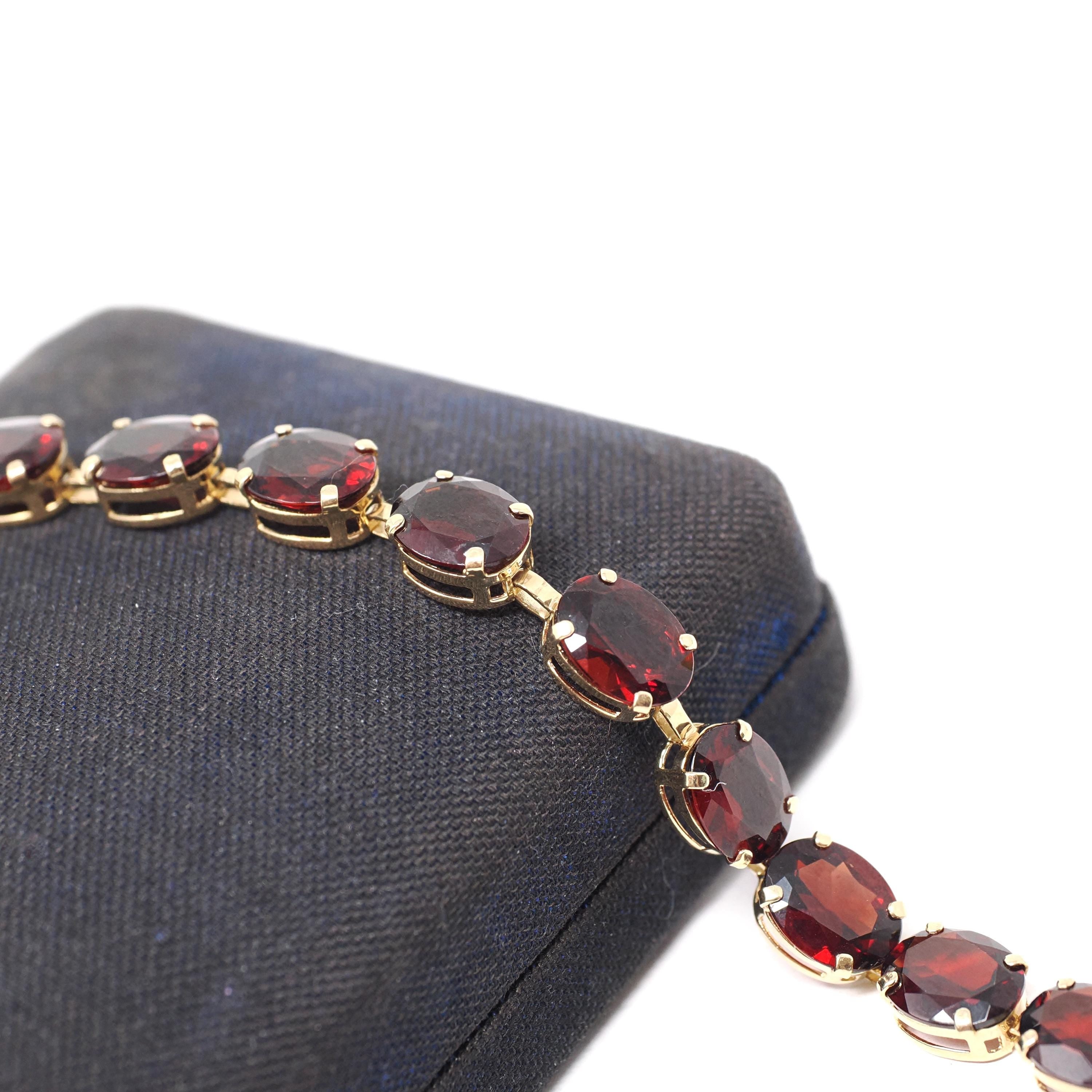Modern Garnet Bracelet - Estate 14k Yellow Gold Red Oval Faceted 25.50 CTW Natural Gemstones - Circa 2000's Era Tennis Style Fine Jewelry