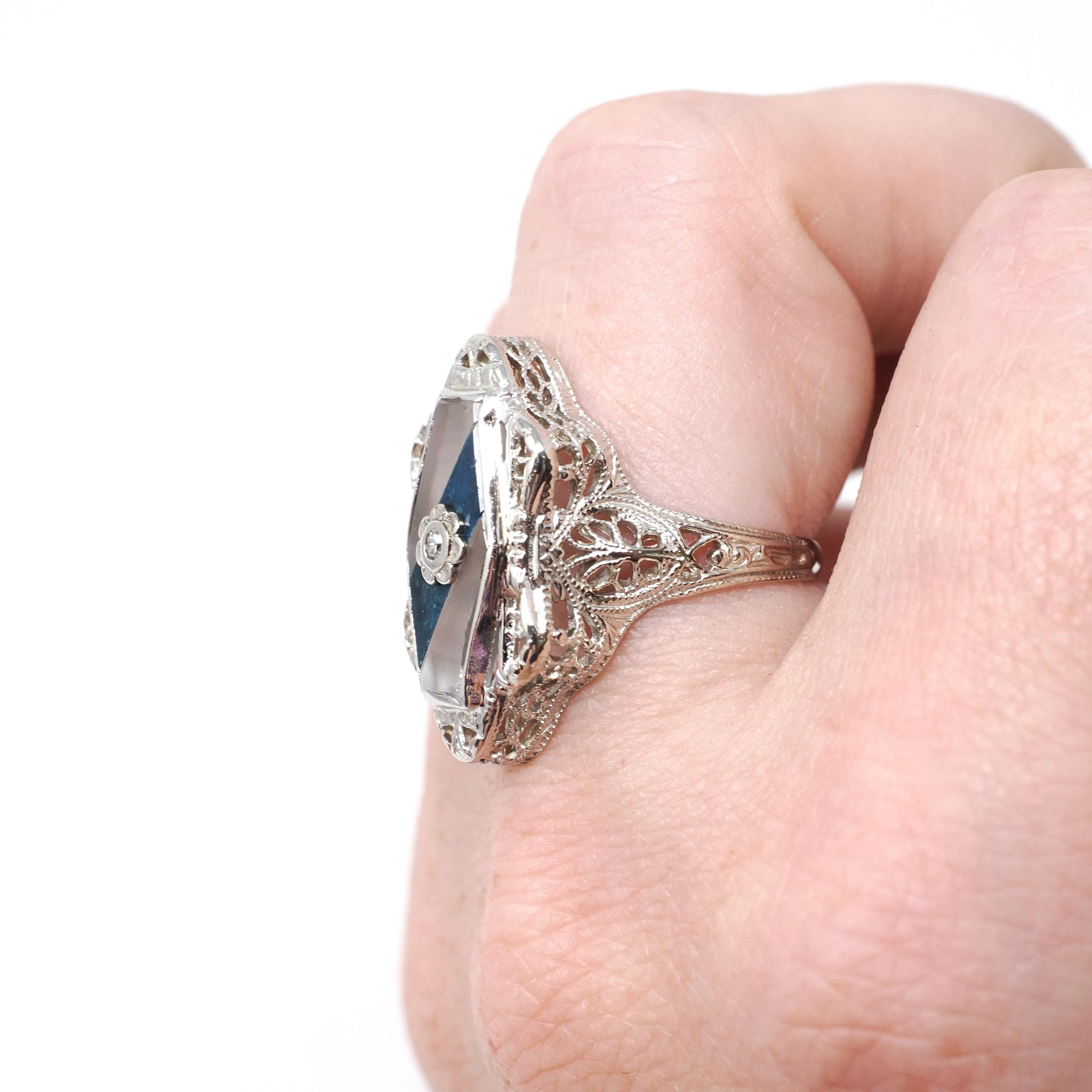 Rock Crystal Quartz Ring - Art Deco 14k White Gold Natural Diamond Gemstone - Vintage Circa 1930 Size 6 Filigree Ostby Barton Fine Jewelry