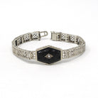 Art Deco Onyx Bracelet - Antique 10k White Gold Filigree Carved Black Chalcedony Natural Diamond Statement - Vintage Circa 1920s Era Jewelry