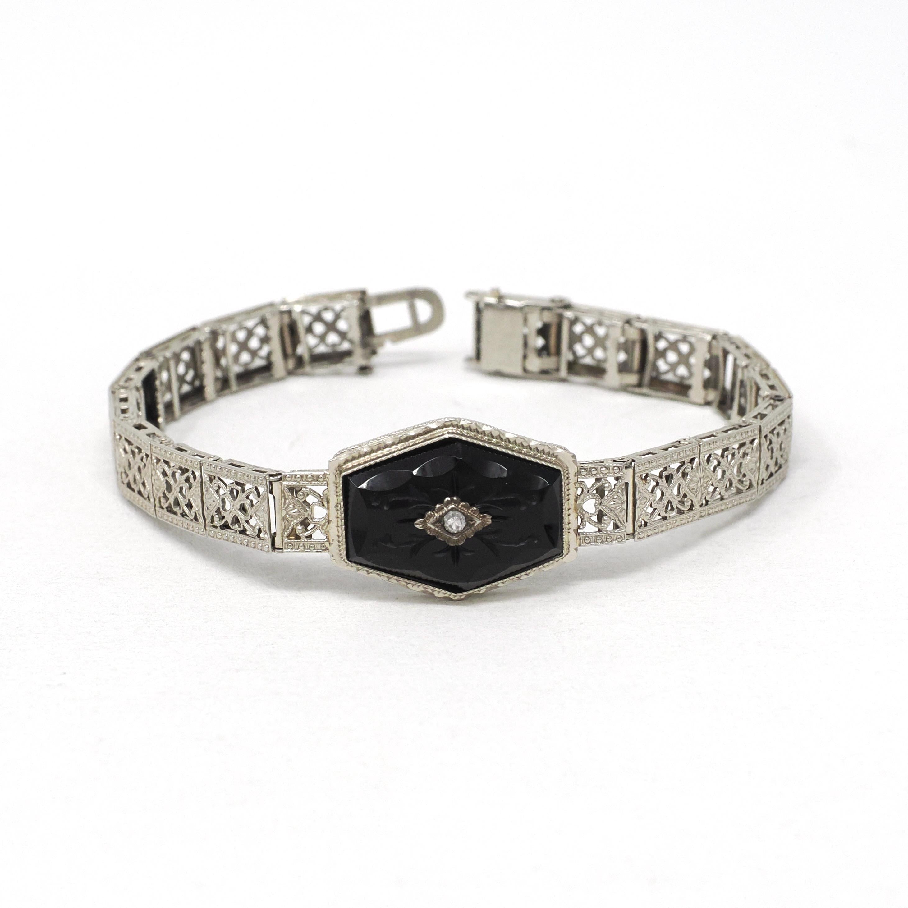 Art Deco Onyx Bracelet - Antique 10k White Gold Filigree Carved Black Chalcedony Natural Diamond Statement - Vintage Circa 1920s Era Jewelry