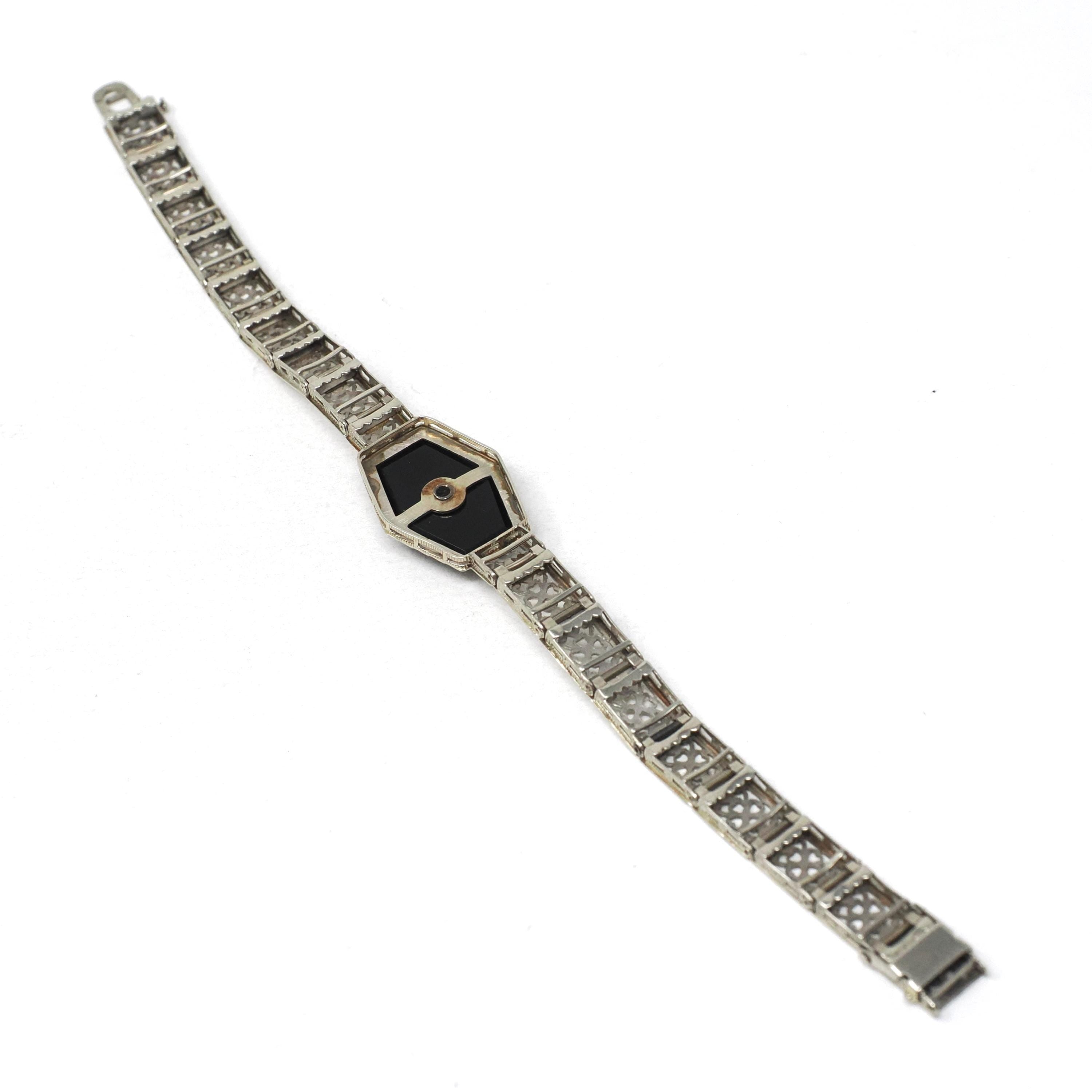 Art Deco Onyx Bracelet - Antique 10k White Gold Filigree Carved Black Chalcedony Natural Diamond Statement - Vintage Circa 1920s Era Jewelry