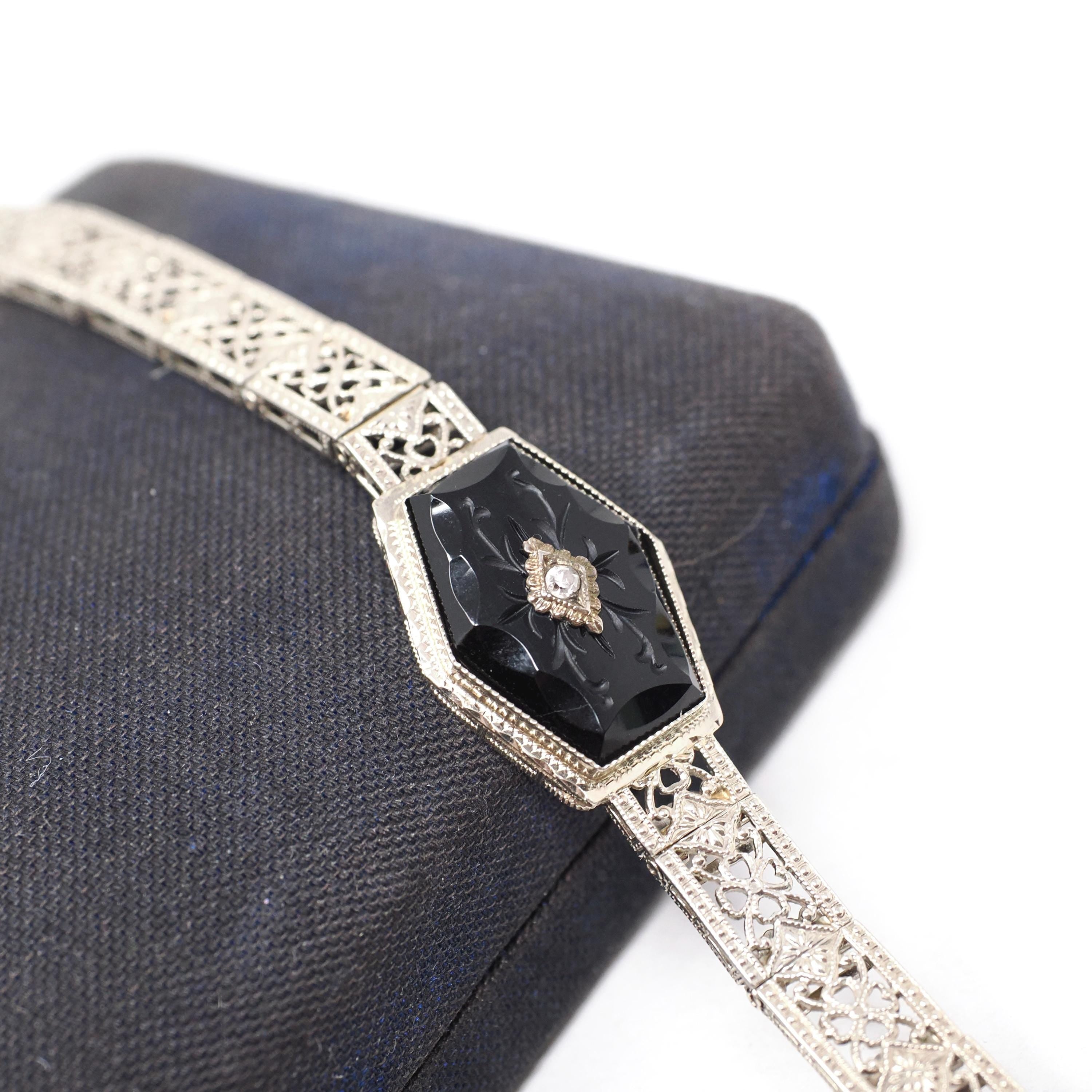 Art Deco Onyx Bracelet - Antique 10k White Gold Filigree Carved Black Chalcedony Natural Diamond Statement - Vintage Circa 1920s Era Jewelry