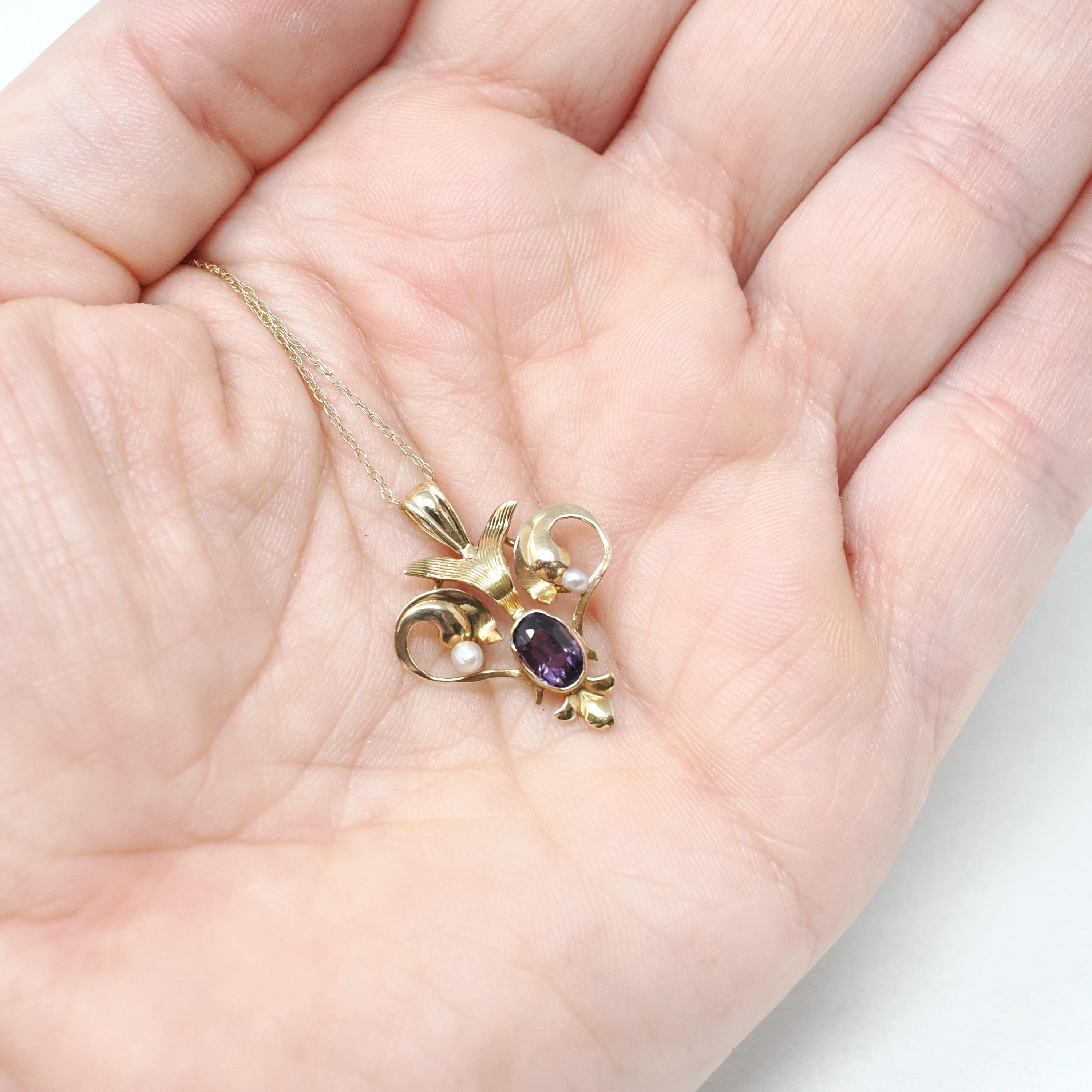 Antique Lavalier Necklace - Edwardian 10k Yellow Gold Natural Amethyst Seed Pearl Pendant - Art Nouveau Circa 1900s Era Dainty Fine Jewelry