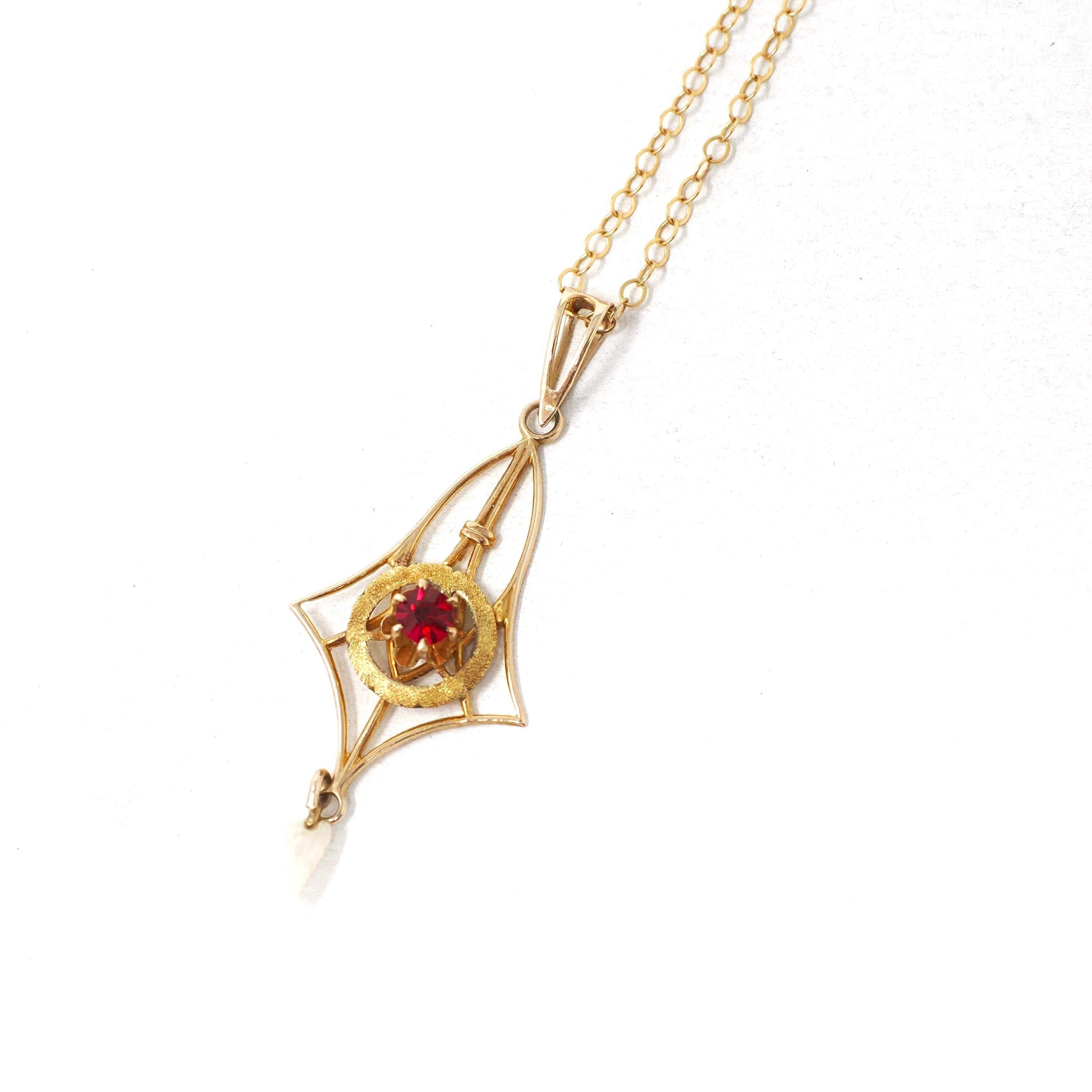 Antique Lavalier Necklace - Edwardian 10k Yellow Gold Red Glass & Cultured Pearl Pendant - Vintage Circa 1910s Era Dainty Fine Jewelry