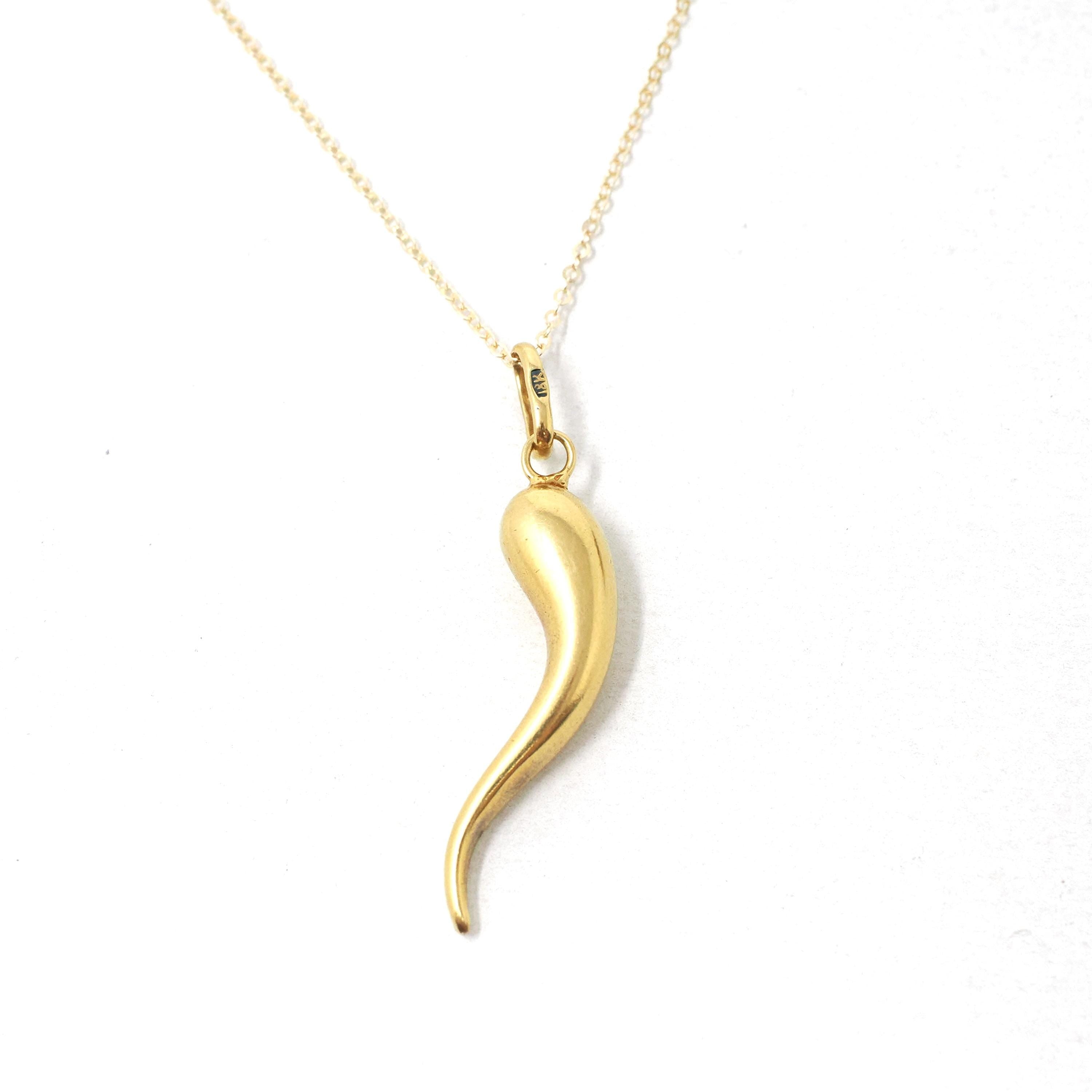 Italian Horn Charm - Retro 18k Yellow Gold Italy Cornicello Good Luck Pendant Necklace - Vintage Circa 1970s Ward Off Evil Amulet Jewelry