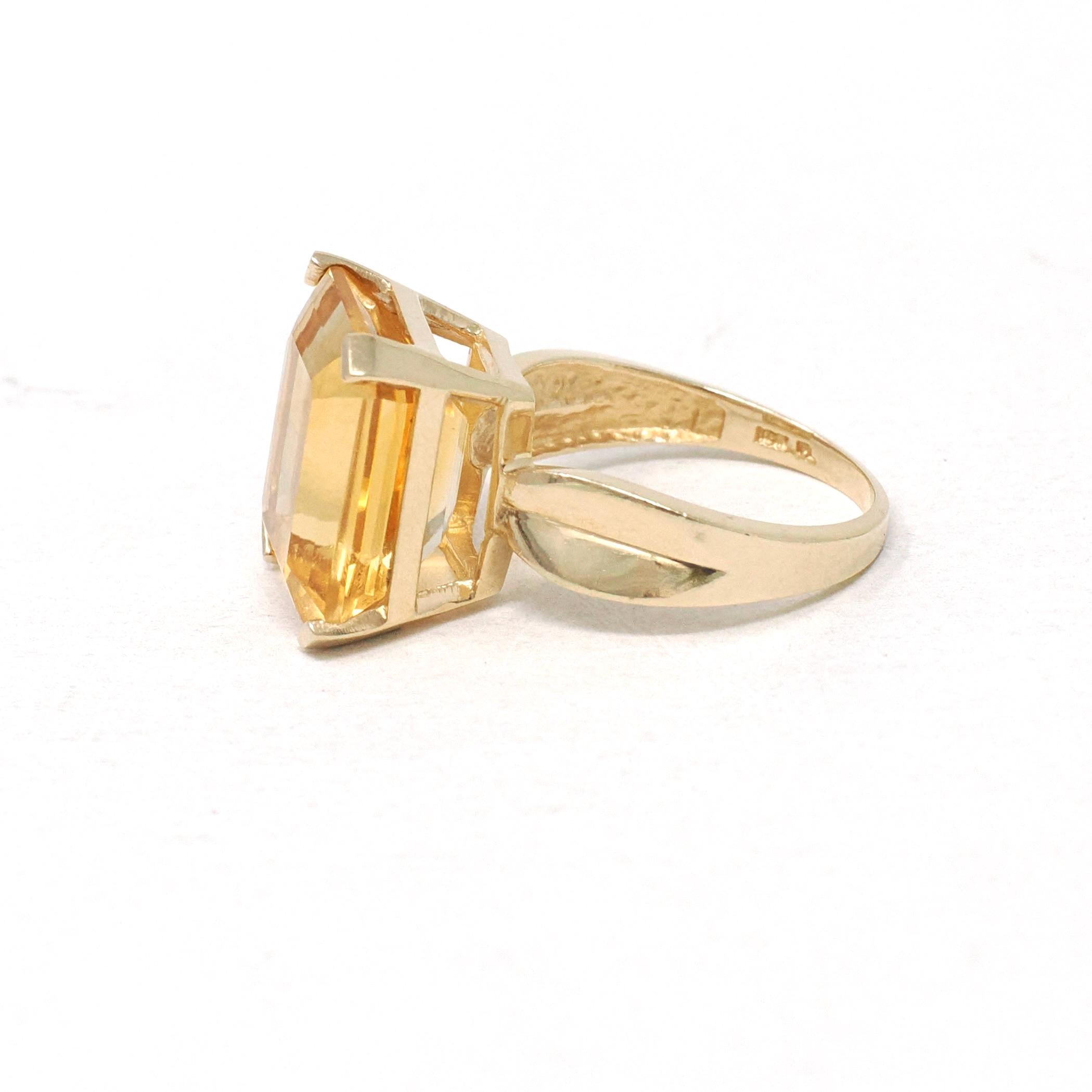 Modern Citrine Ring - Estate 10k Yellow Gold Emerald Cut 9.14 CT Gem - Circa 2000s Era Size 6 November Birthstone Fine Statement Jewelry