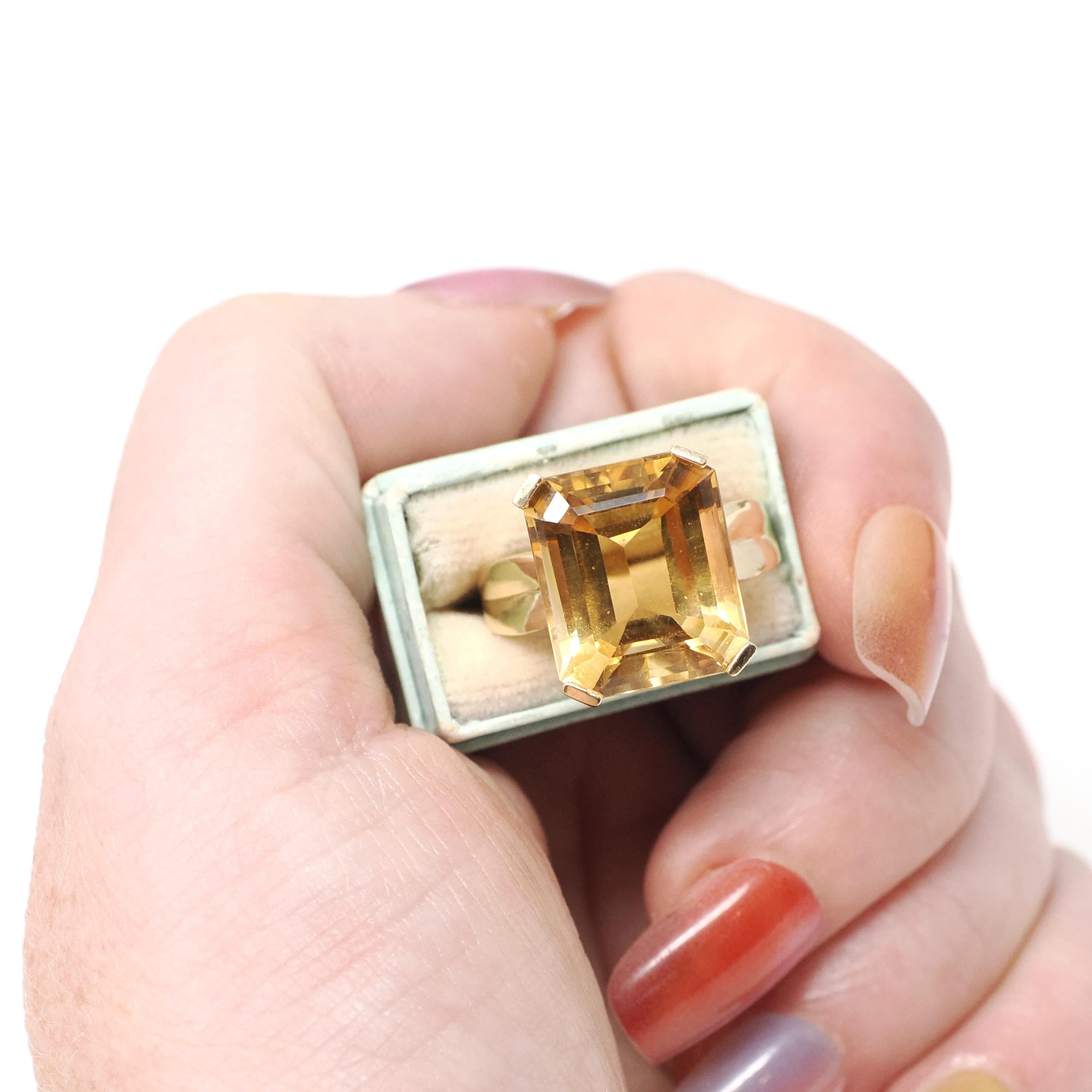 Modern Citrine Ring - Estate 10k Yellow Gold Emerald Cut 9.14 CT Gem - Circa 2000s Era Size 6 November Birthstone Fine Statement Jewelry