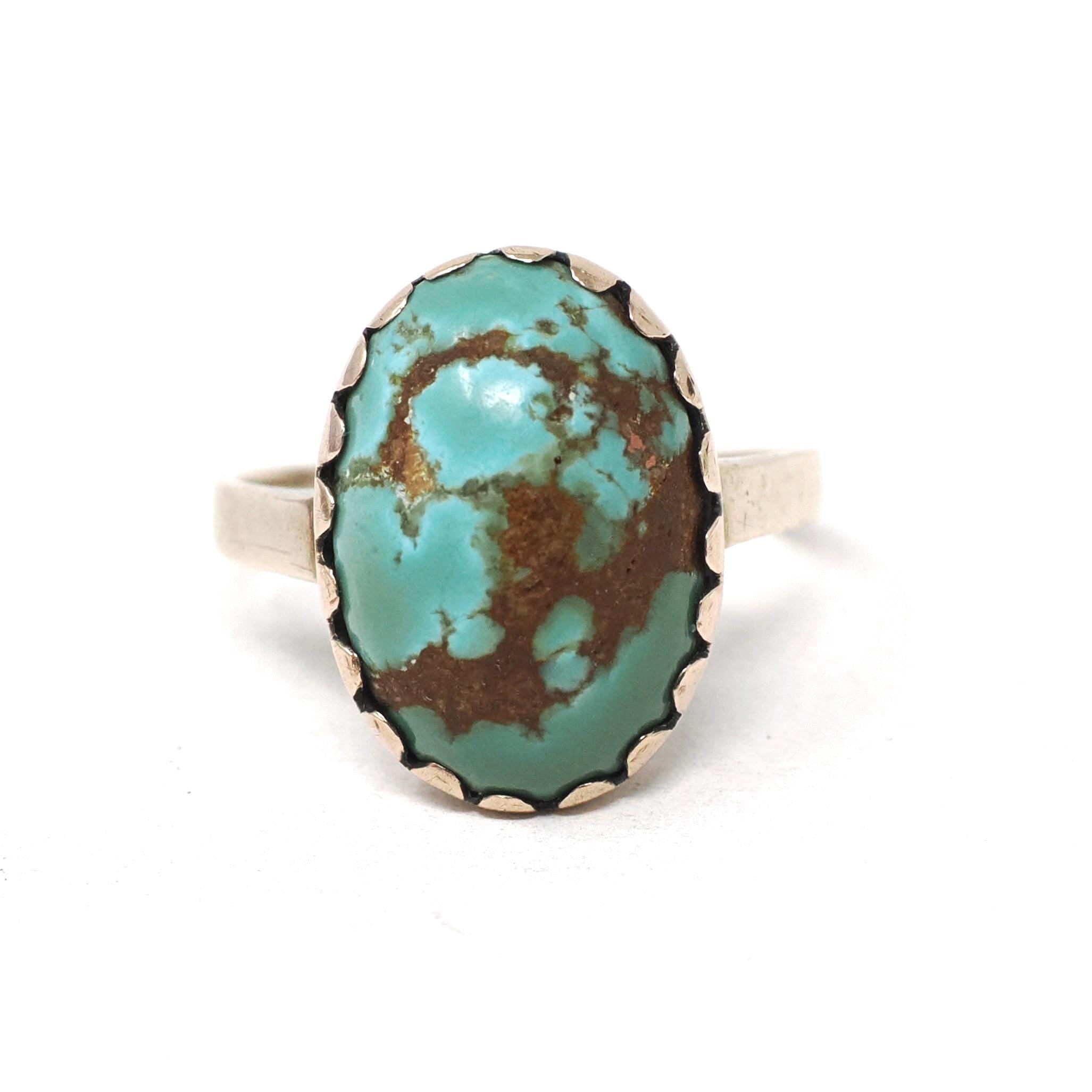 Vintage Turquoise Ring - Mid Century 10k Yellow Gold Oval Cabochon Blue Natural Gemstone - Circa 1960s Era Size 6 1/2 Statement Fine Jewelry