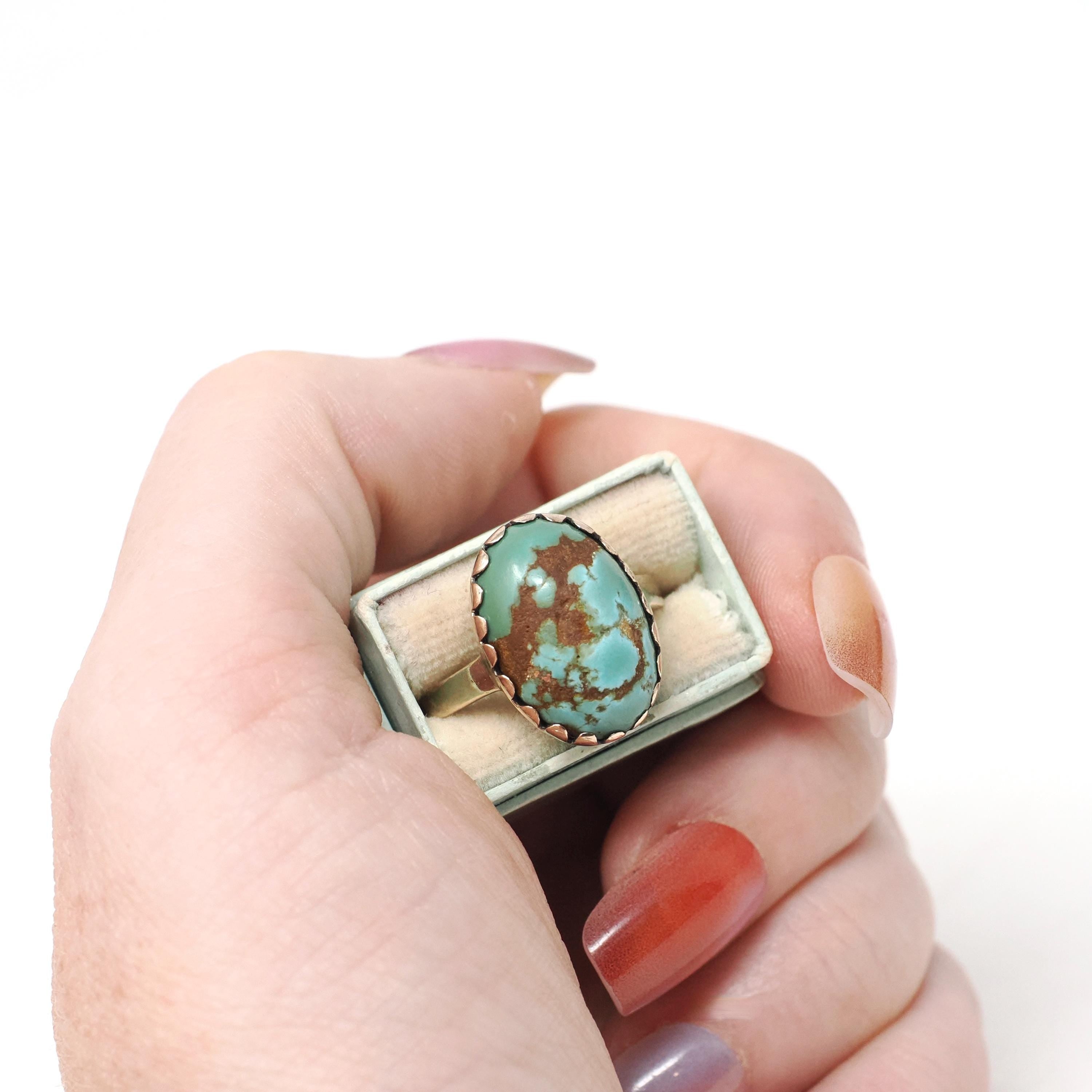 Vintage Turquoise Ring - Mid Century 10k Yellow Gold Oval Cabochon Blue Natural Gemstone - Circa 1960s Era Size 6 1/2 Statement Fine Jewelry