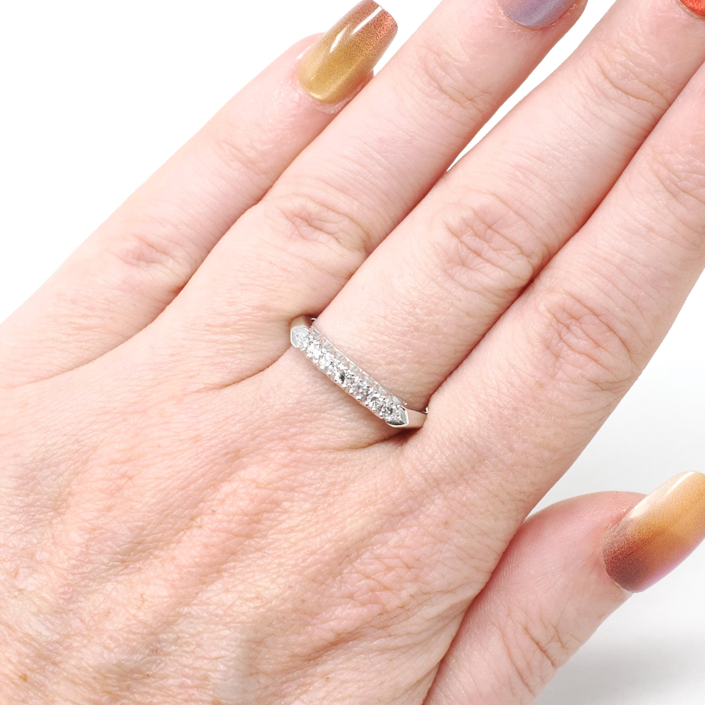Vintage Diamond Band - Mid Century Platinum Natural .14 CTW Prong Wedding Ring - Circa 1950s Era Size 7 Paired Bridal Stacking Fine Jewelry