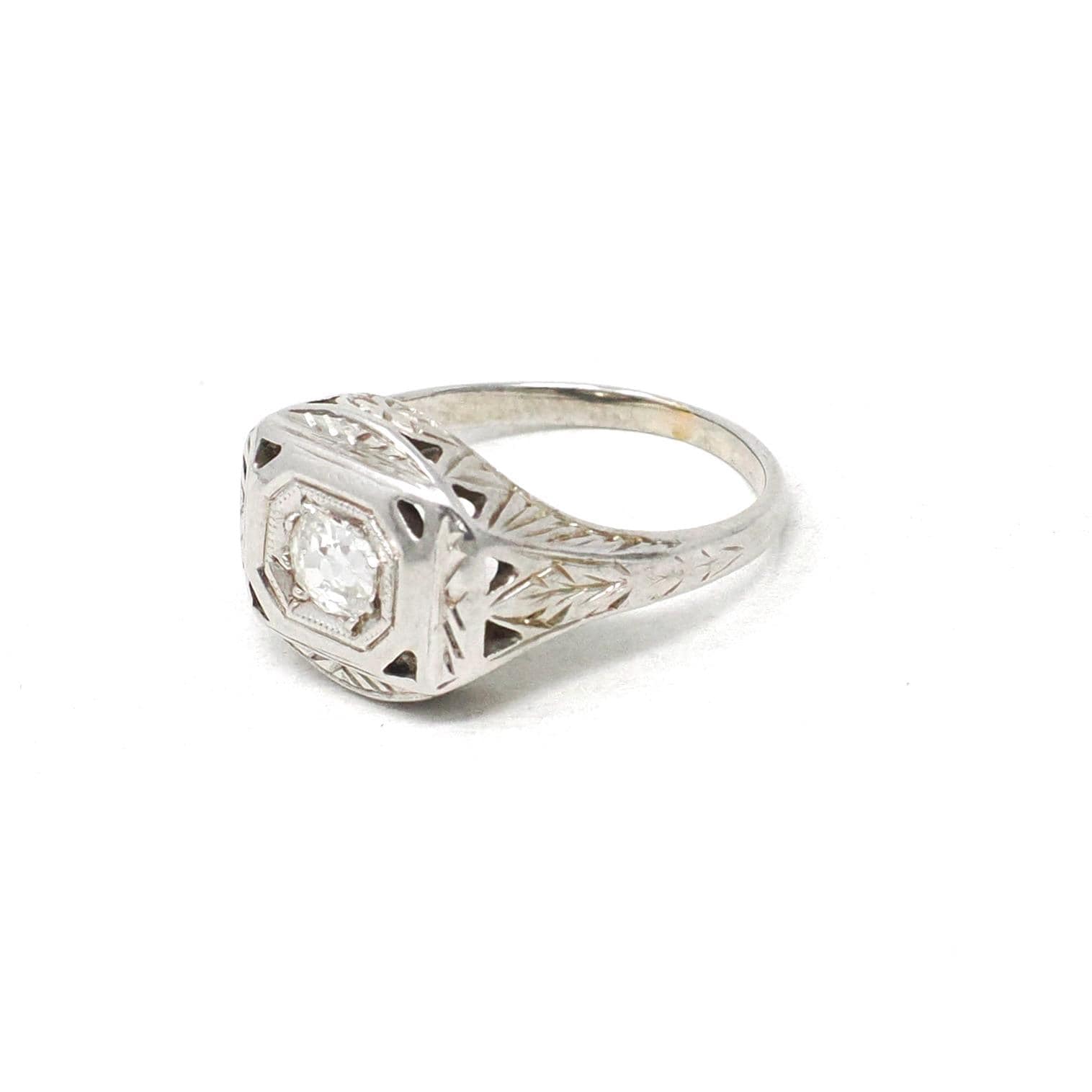Old Mine Cut Diamond Ring - Art Deco Era 14k White Gold .20 CT Natural Gem - Vintage Circa 1930s Size 3.5 Engraved Fine Bridal Jewelry