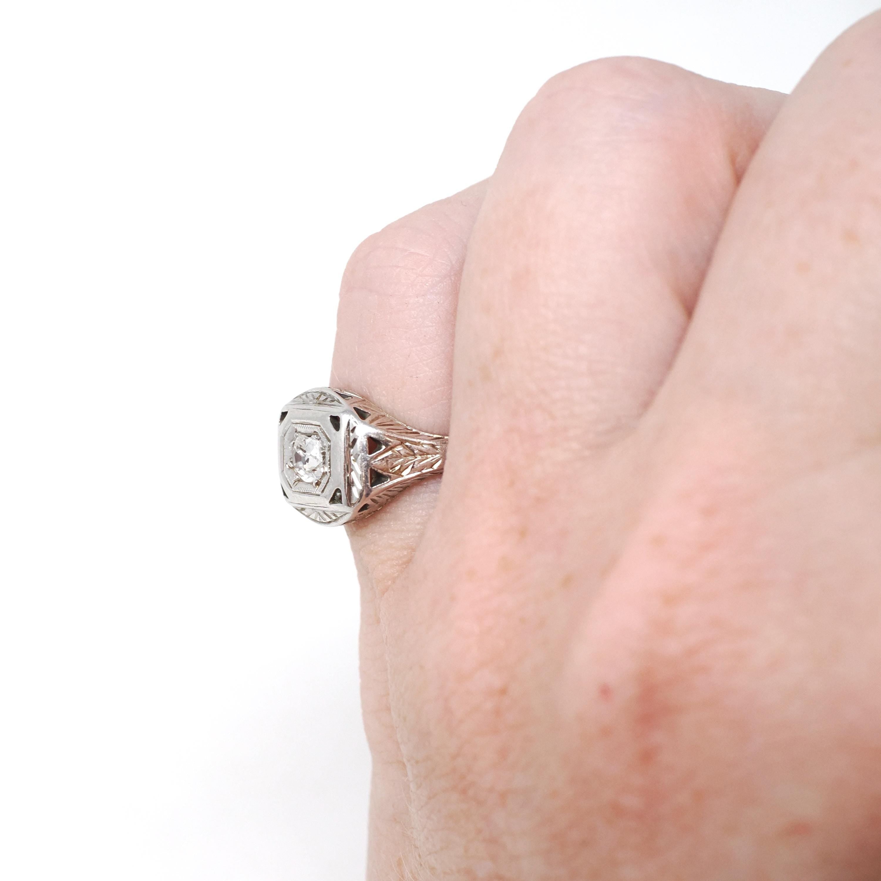 Old Mine Cut Diamond Ring - Art Deco Era 14k White Gold .20 CT Natural Gem - Vintage Circa 1930s Size 3.5 Engraved Fine Bridal Jewelry