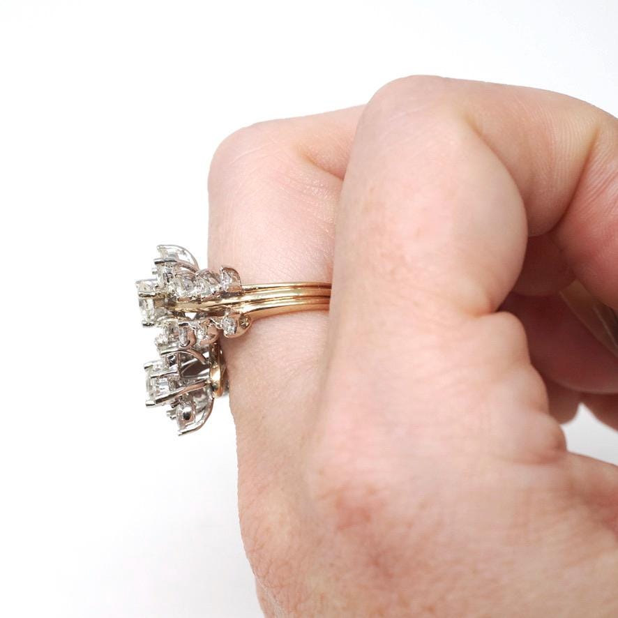 Diamond Bypass Ring - Modern Estate 14k Yellow White Gold 2.29 CTW Flower Star Spray Cocktail Statement - Circa 1990s Size 5.5 Fine Jewelry