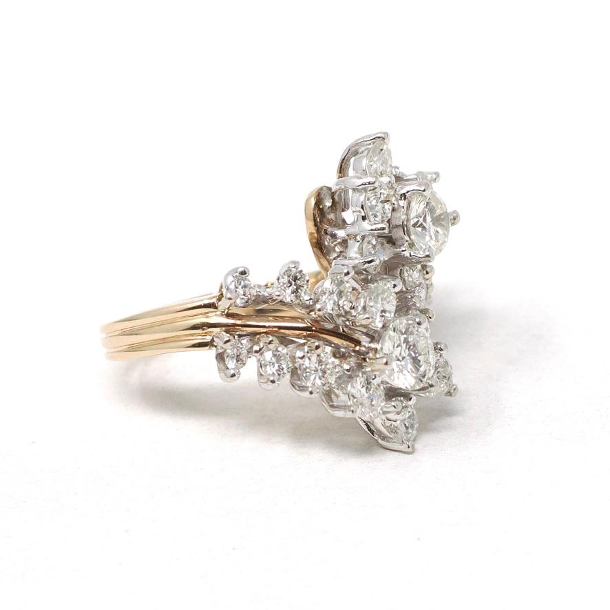 Diamond Bypass Ring - Modern Estate 14k Yellow White Gold 2.29 CTW Flower Star Spray Cocktail Statement - Circa 1990s Size 5.5 Fine Jewelry