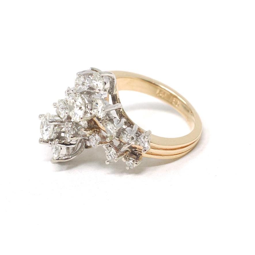 Diamond Bypass Ring - Modern Estate 14k Yellow White Gold 2.29 CTW Flower Star Spray Cocktail Statement - Circa 1990s Size 5.5 Fine Jewelry
