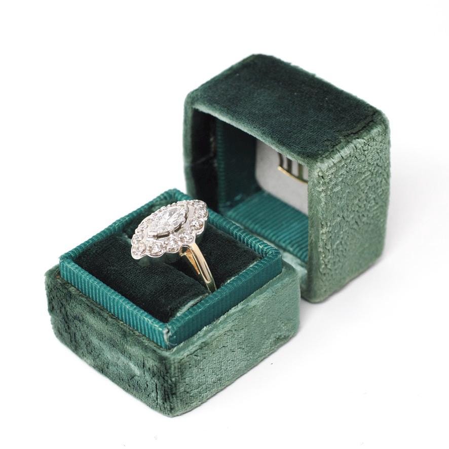 Diamond Shield Ring - Mid Century 14k Yellow & White Gold .64 CT Marquise Brilliant - Circa 1960s Era Size 6 3/4 Navette Bridal Fine Jewelry
