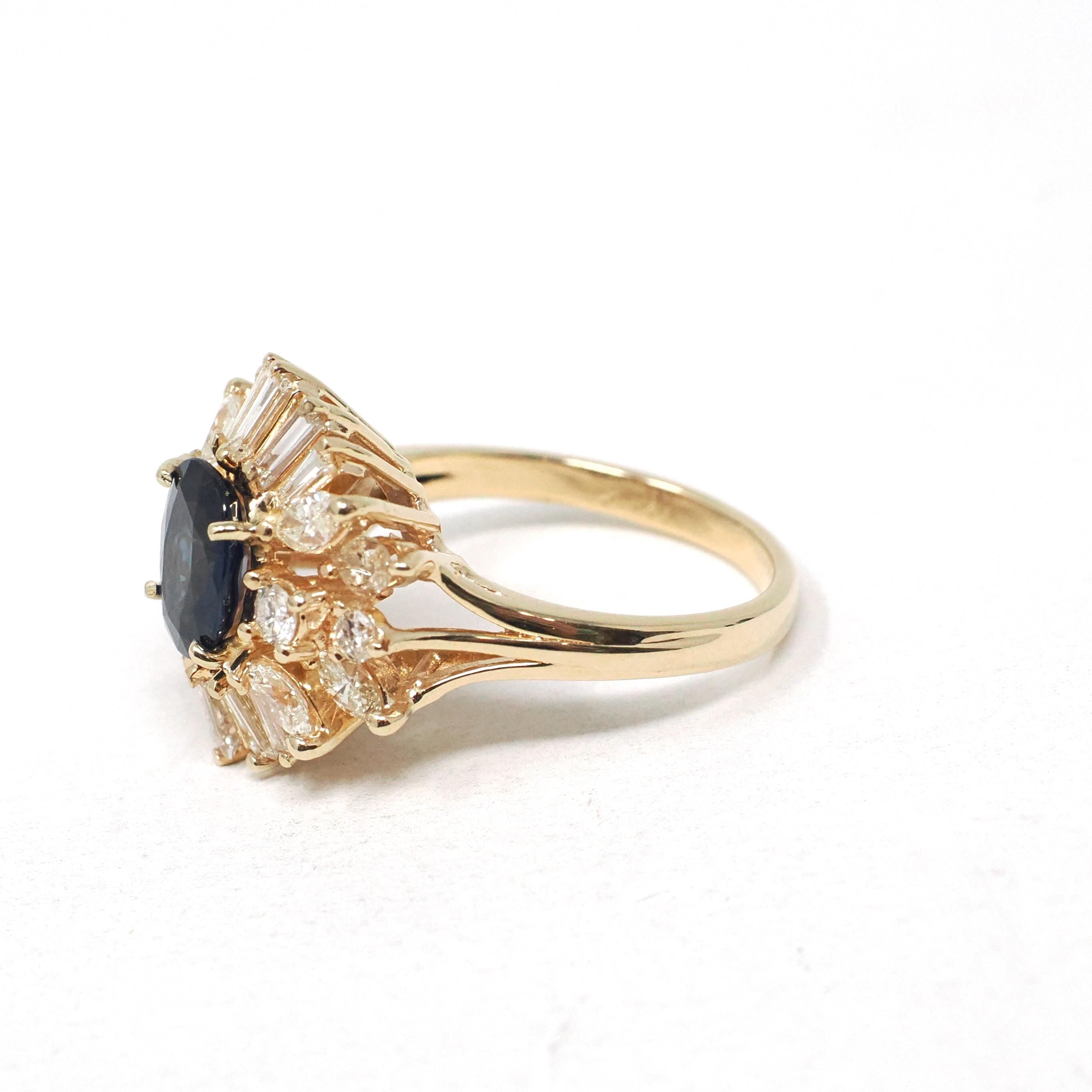 Vintage Ballerina Halo Ring - Estate 14k Yellow Gold Natural Sapphire Diamond Round Baguette Cluster - Modern 1990s Engagement Fine Jewelry