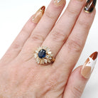 Vintage Ballerina Halo Ring - Estate 14k Yellow Gold Natural Sapphire Diamond Round Baguette Cluster - Modern 1990s Engagement Fine Jewelry