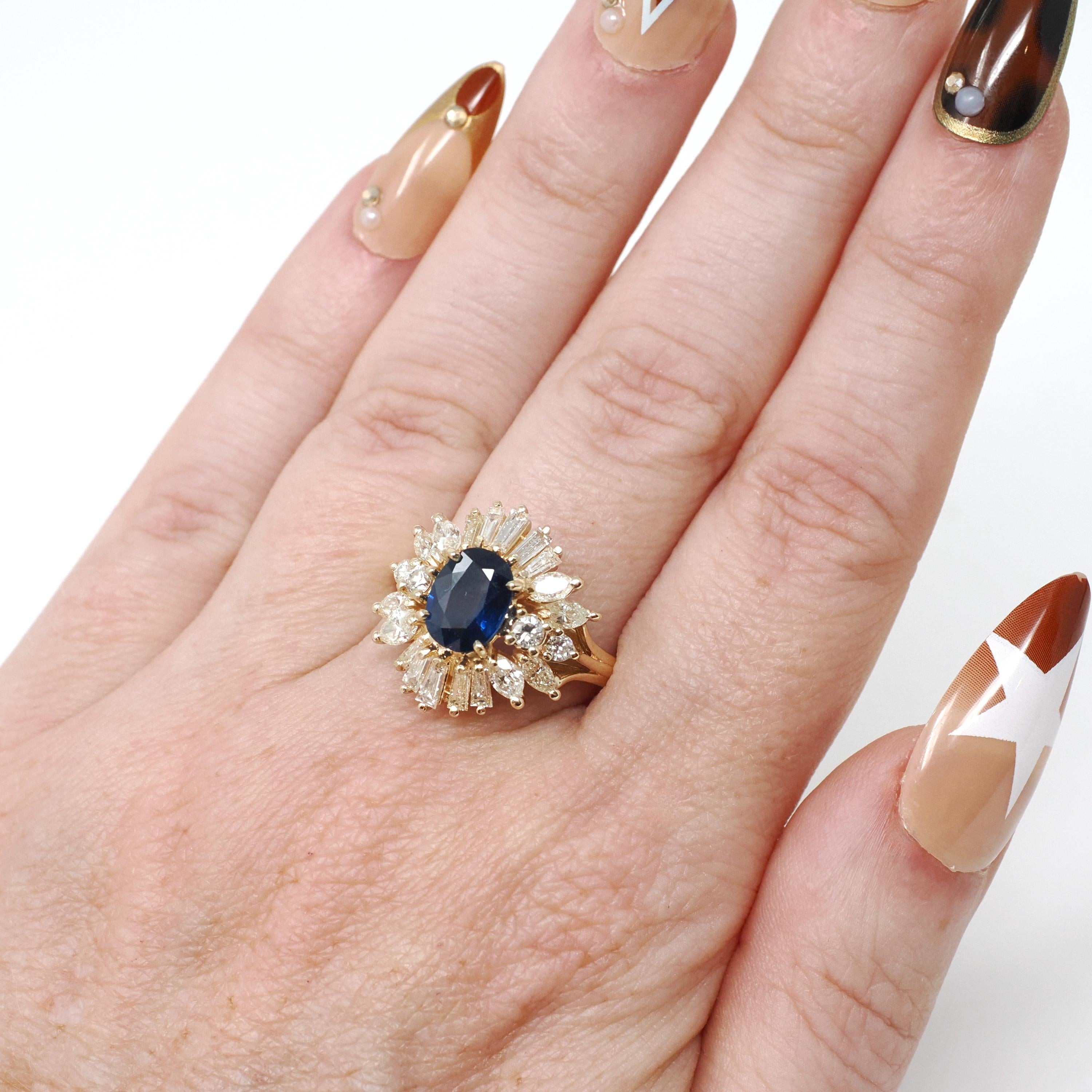 Vintage Ballerina Halo Ring - Estate 14k Yellow Gold Natural Sapphire Diamond Round Baguette Cluster - Modern 1990s Engagement Fine Jewelry