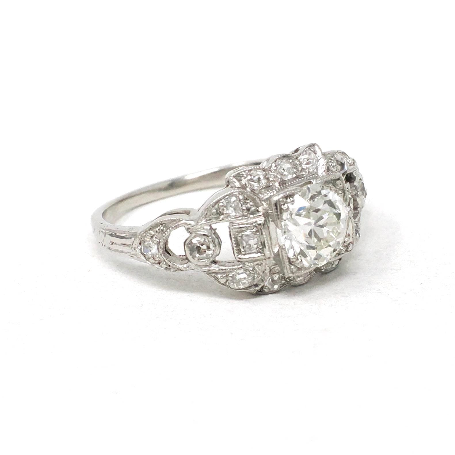 Art Deco Engagement Ring - Vintage Platinum 1.10 CTW Natural Diamonds - Circa 1930s Handmade Geometric Size 5 1/4 Fine Bridal Report Jewelry