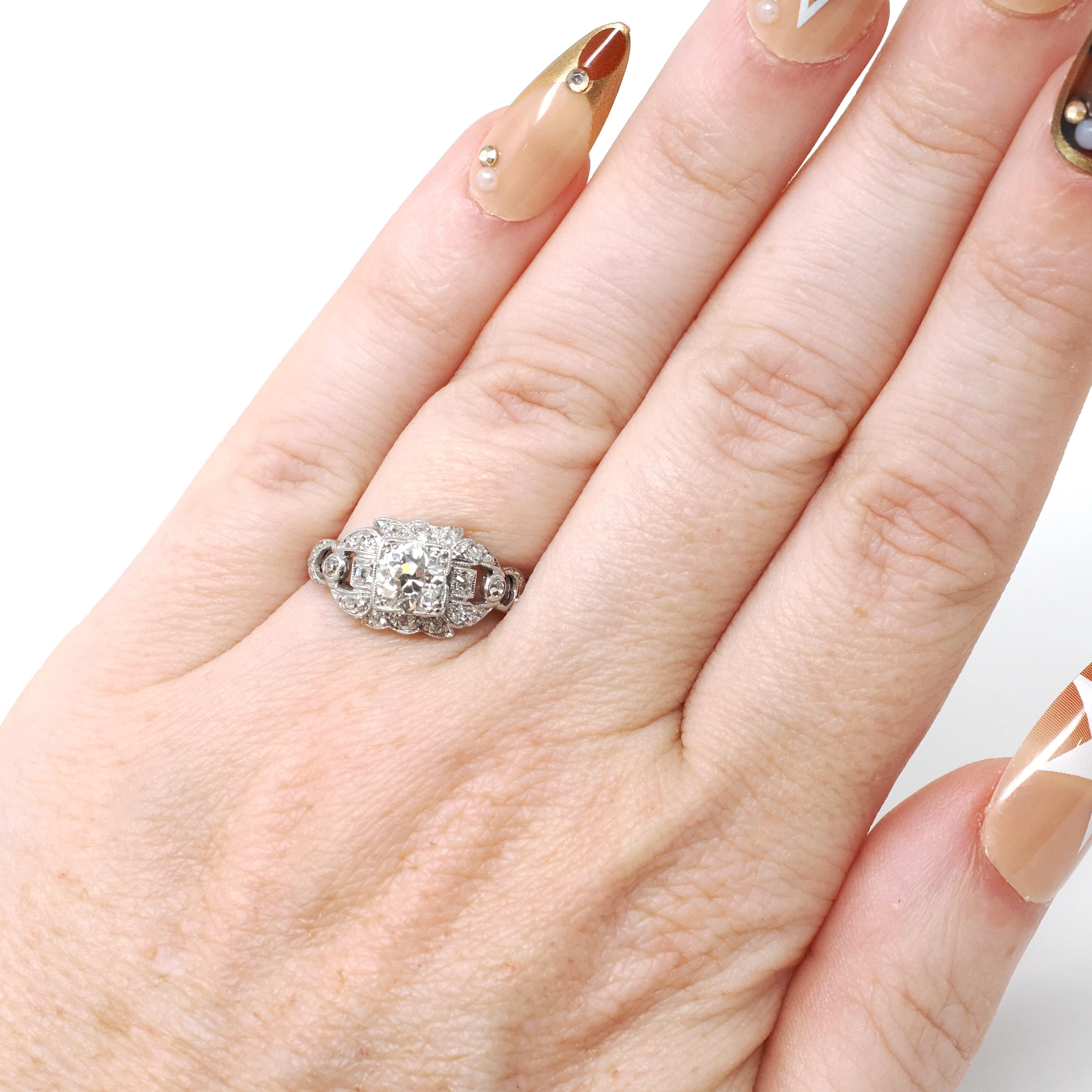 Art Deco Engagement Ring - Vintage Platinum 1.10 CTW Natural Diamonds - Circa 1930s Handmade Geometric Size 5 1/4 Fine Bridal Report Jewelry
