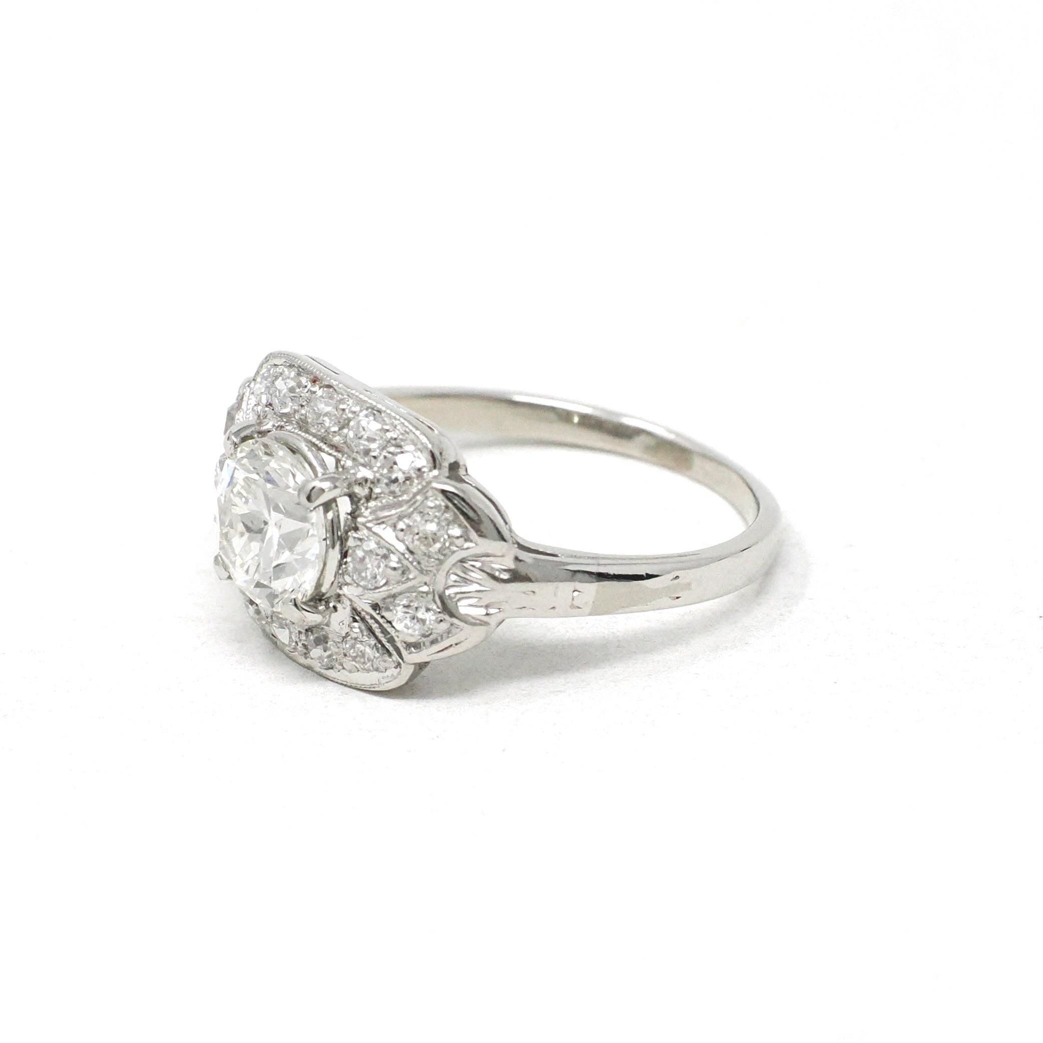 Art Deco Diamond Ring - Vintage Platinum 1.05 CTW Natural Gemstones - Circa 1920s Era Handmade Geometric Cluster Size 5 1/4 Fine 20s Jewelry