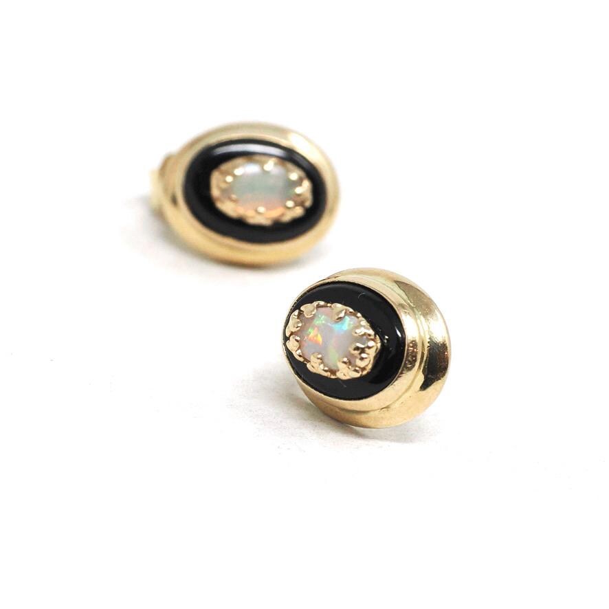 Onyx & Opal Earrings - Retro 14k Yellow Gold Oval Black Chalcedony Gemstones Pierced Post Studs - Vintage 1960s Era Push Back Fine Jewelry