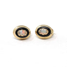 Onyx & Opal Earrings - Retro 14k Yellow Gold Oval Black Chalcedony Gemstones Pierced Post Studs - Vintage 1960s Era Push Back Fine Jewelry