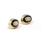 Onyx & Opal Earrings - Retro 14k Yellow Gold Oval Black Chalcedony Gemstones Pierced Post Studs - Vintage 1960s Era Push Back Fine Jewelry