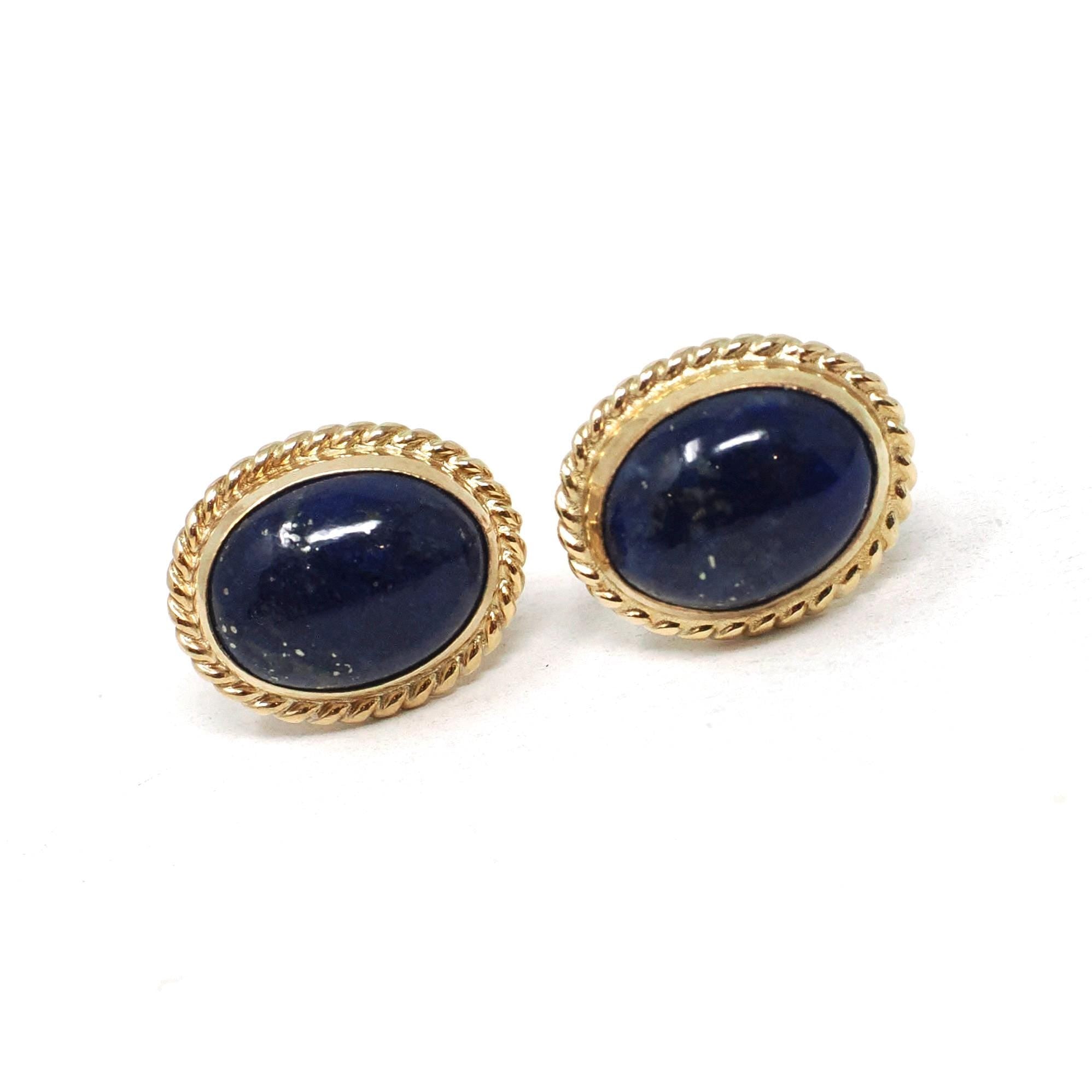 Lapis Lazuli Earrings - Retro 14k Yellow Gold Oval Cabochon Cut Blue Gemstones Pierced Post Studs - Vintage 1960s Era Push Back Fine Jewelry