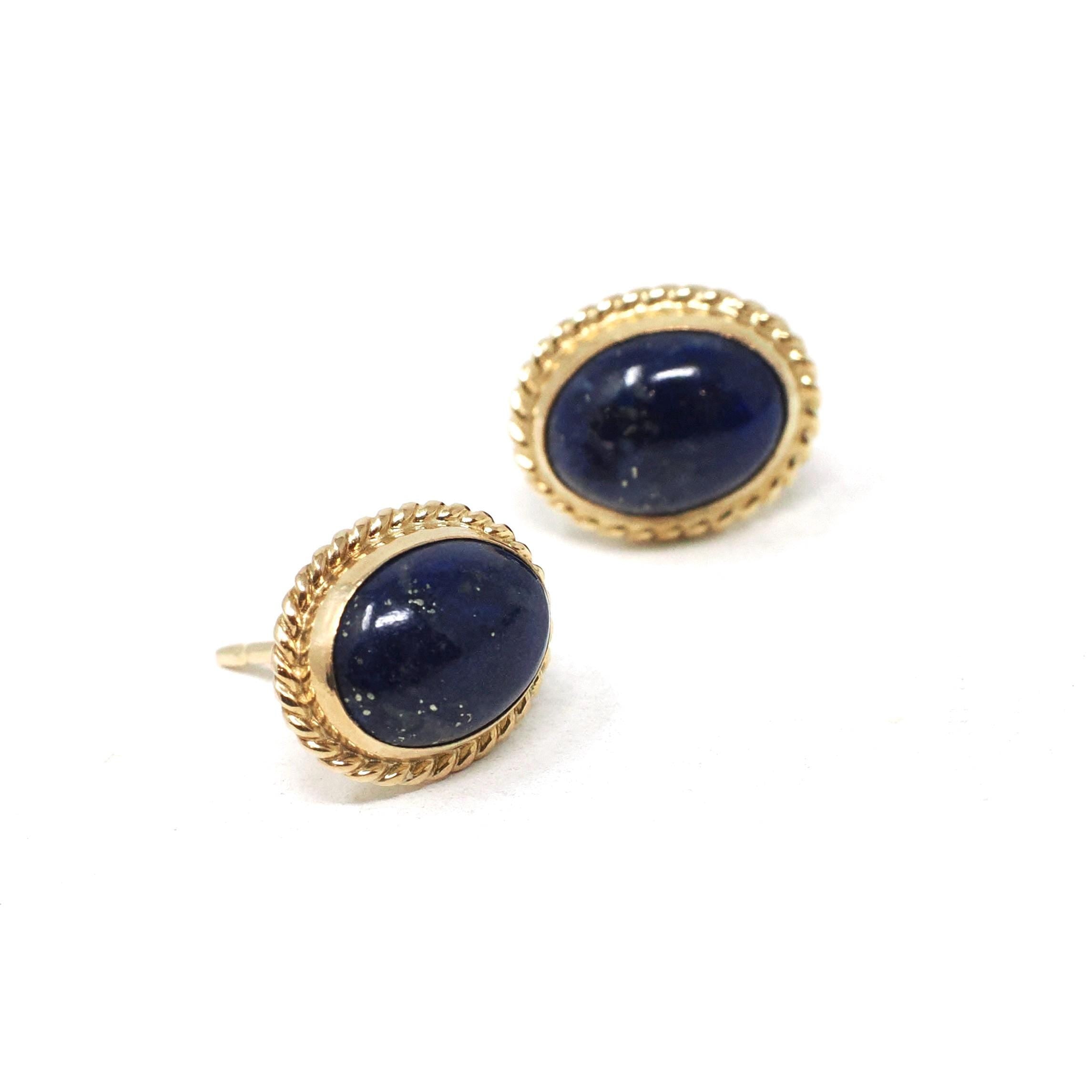 Lapis Lazuli Earrings - Retro 14k Yellow Gold Oval Cabochon Cut Blue Gemstones Pierced Post Studs - Vintage 1960s Era Push Back Fine Jewelry