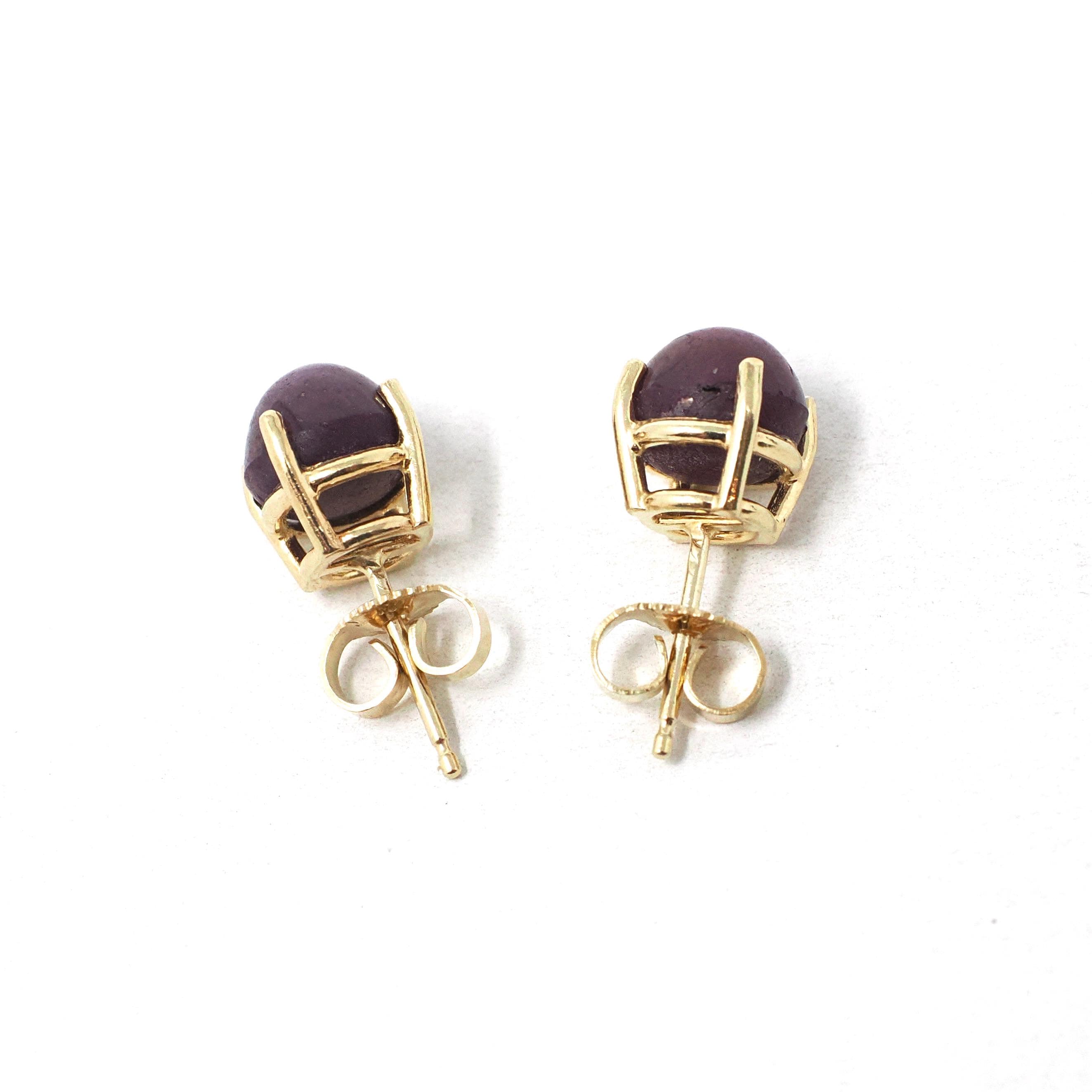 Star Ruby Earrings - Modern 14k Yellow Gold Cabochon Cut Red Purple Natural Gem Pierce Studs - Estate Circa 2000s Era Push Back Fine Jewelry