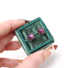 Star Ruby Earrings - Modern 14k Yellow Gold Cabochon Cut Red Purple Natural Gem Pierce Studs - Estate Circa 2000s Era Push Back Fine Jewelry