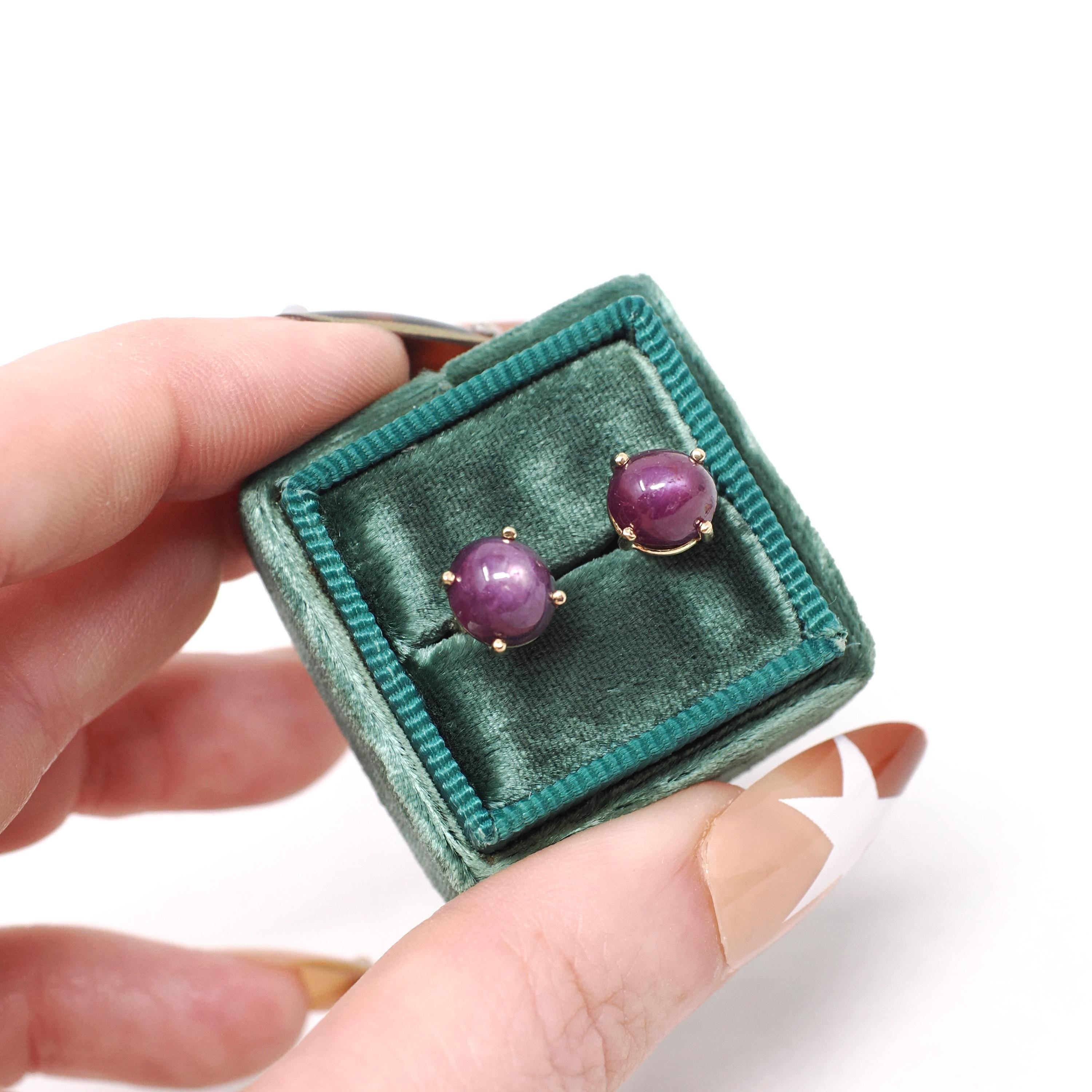 Star Ruby Earrings - Modern 14k Yellow Gold Cabochon Cut Red Purple Natural Gem Pierce Studs - Estate Circa 2000s Era Push Back Fine Jewelry